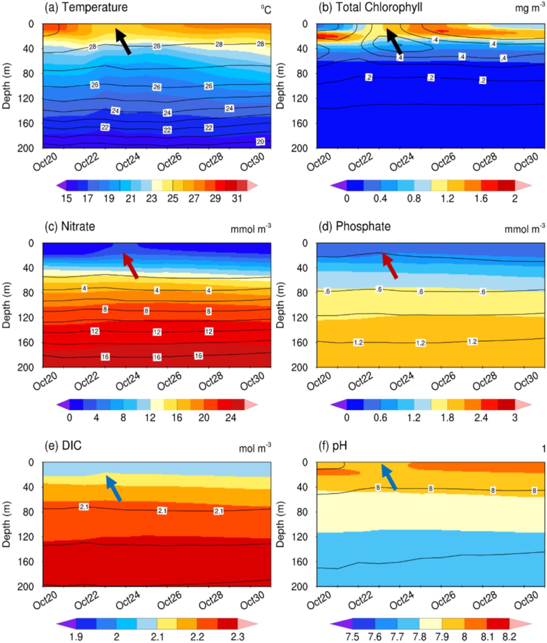 Six contour plots show oceanic conditions over time and depth from October 20 to October 30. (a) Temperature ranges from 15 to 31 degrees Celsius, warmer at the surface. (b) Chlorophyll concentration is highest near the surface, up to 2 mg/m³. (c) Nitrate concentration increases with depth, from 0 to 24 mmol/m³. (d) Phosphate concentration shows similar depth increases, from 0 to 3 mmol/m³. (e) Dissolved Inorganic Carbon (DIC) ranges from 1.9 to 2.3 mol/m³, increasing with depth. (f) pH values are between 7.5 and 8.2, higher at the surface. Arrows indicate key features.
