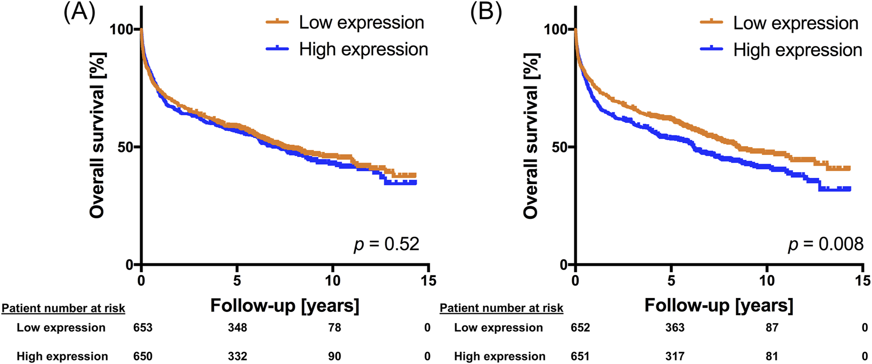 Kaplan-Meier survival curves show overall survival percentages over 15 years for MSI2 low (orange) and high (blue) expression groups. Graph A for MSI2v1 has a p-value of 0.52, indicating no significant difference. Graph B for MSI2v2 has a p-value of 0.008, showing a significant difference, with the high expression group demonstrating reduced survival. Patient numbers at risk are displayed below each graph.