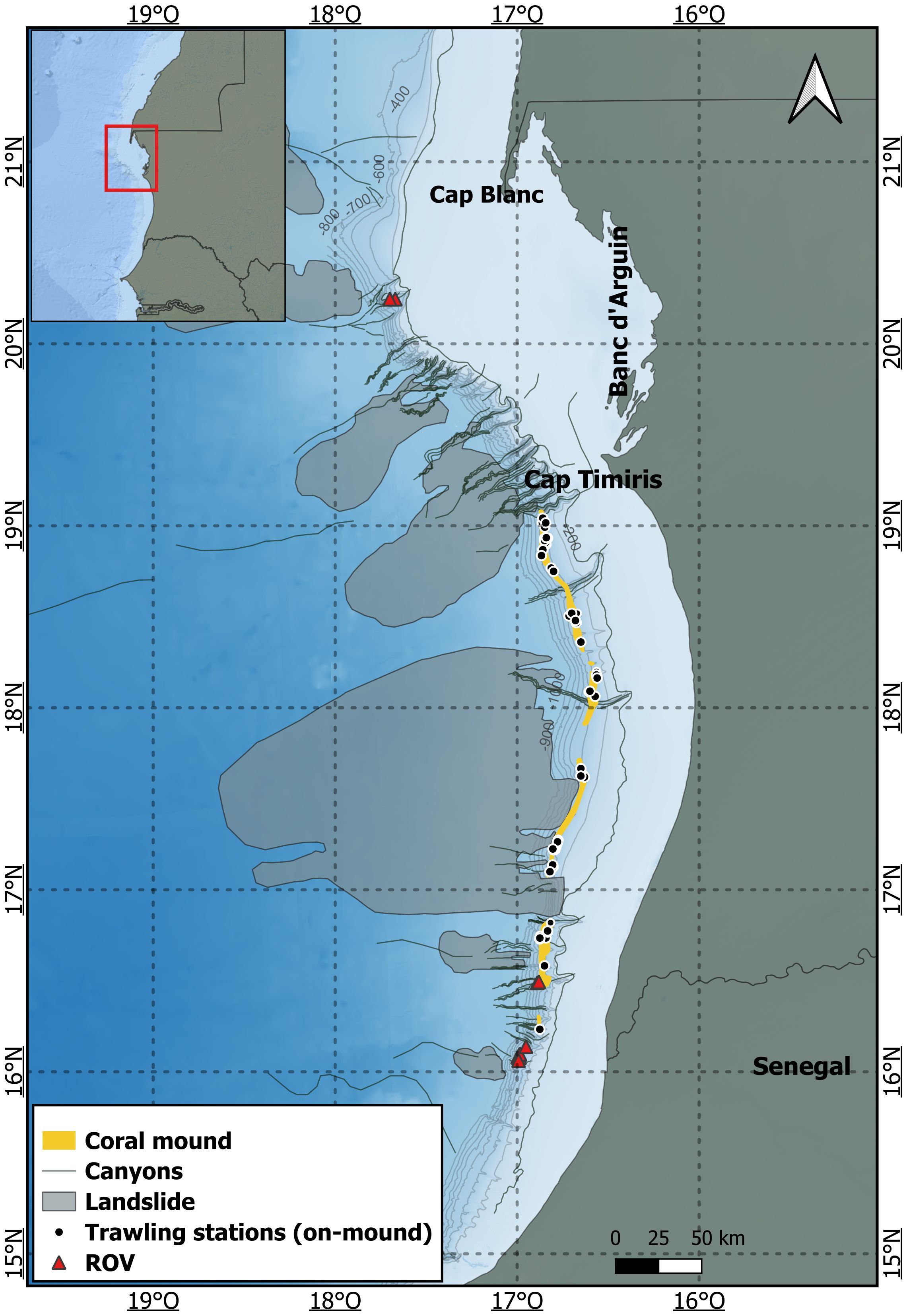 Map showing the ocean floor and coastline near Senegal. Features include coral mounds marked in yellow, canyons, and landslides. Trawling stations are shown as black dots, and ROV locations as red triangles. Inset highlights the mapped area.