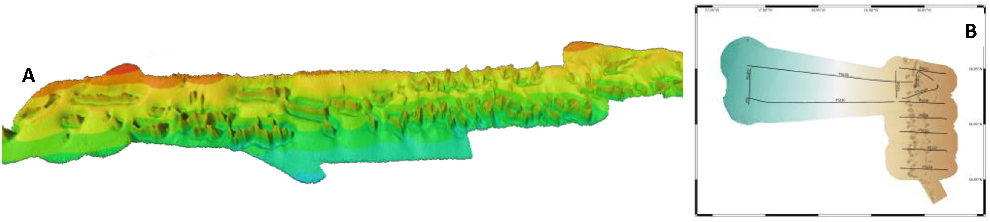 3D topographic rendering labeled “A” shows terrain with varying elevation, colored from red to green. “B” illustrates a map with shaded areas and coordinates, including directional lines and labels.