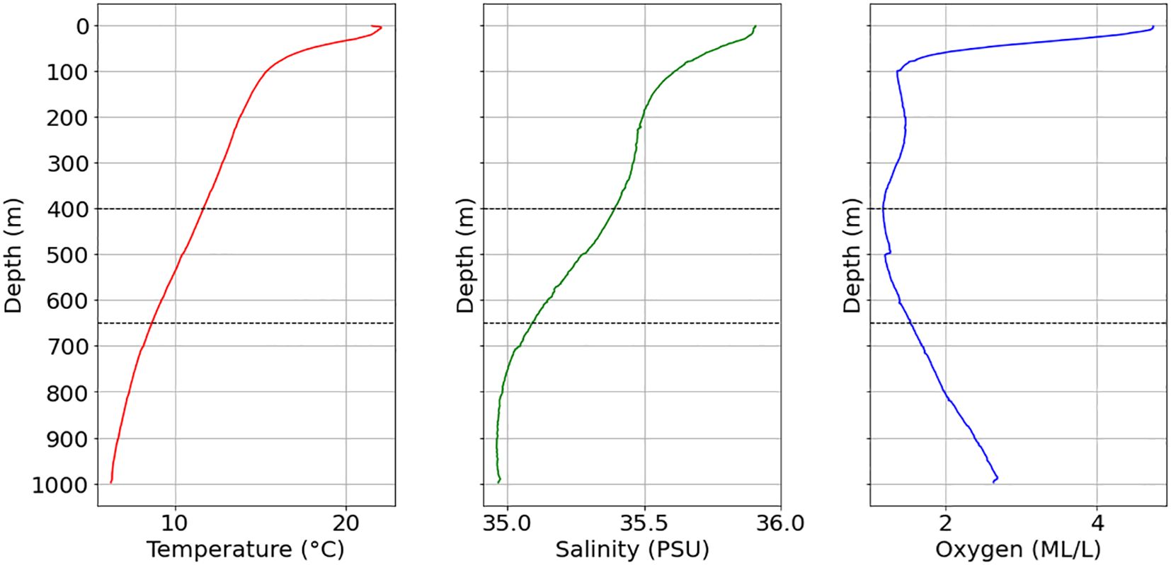 Three graphs show oceanographic profiles by depth. The first graph plots temperature from nine degrees to twenty degrees Celsius, decreasing with depth to one thousand meters. The second depicts salinity between thirty-five and thirty-six PSU, increasing with depth. The third shows oxygen levels, declining from four to one milliliters per liter with depth. Each graph uses red, green, and blue lines, respectively.