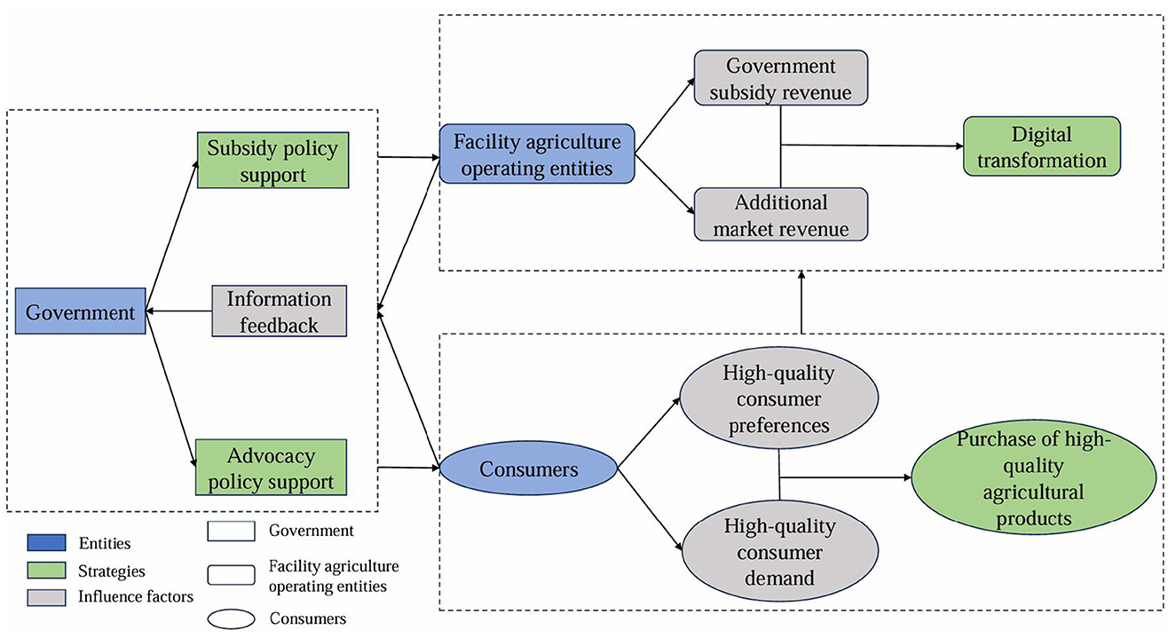 Flowchart illustrating the relationship between government, facility agriculture operating entities, and consumers. The government provides subsidy and advocacy policy support to agriculture entities, which impacts government subsidy and market revenue, leading to digital transformation. Consumer demand influences the purchase of high-quality agricultural products, which feeds back as information to the government. Color-coded entities: blue for entities, green for strategies, and gray for influence factors.