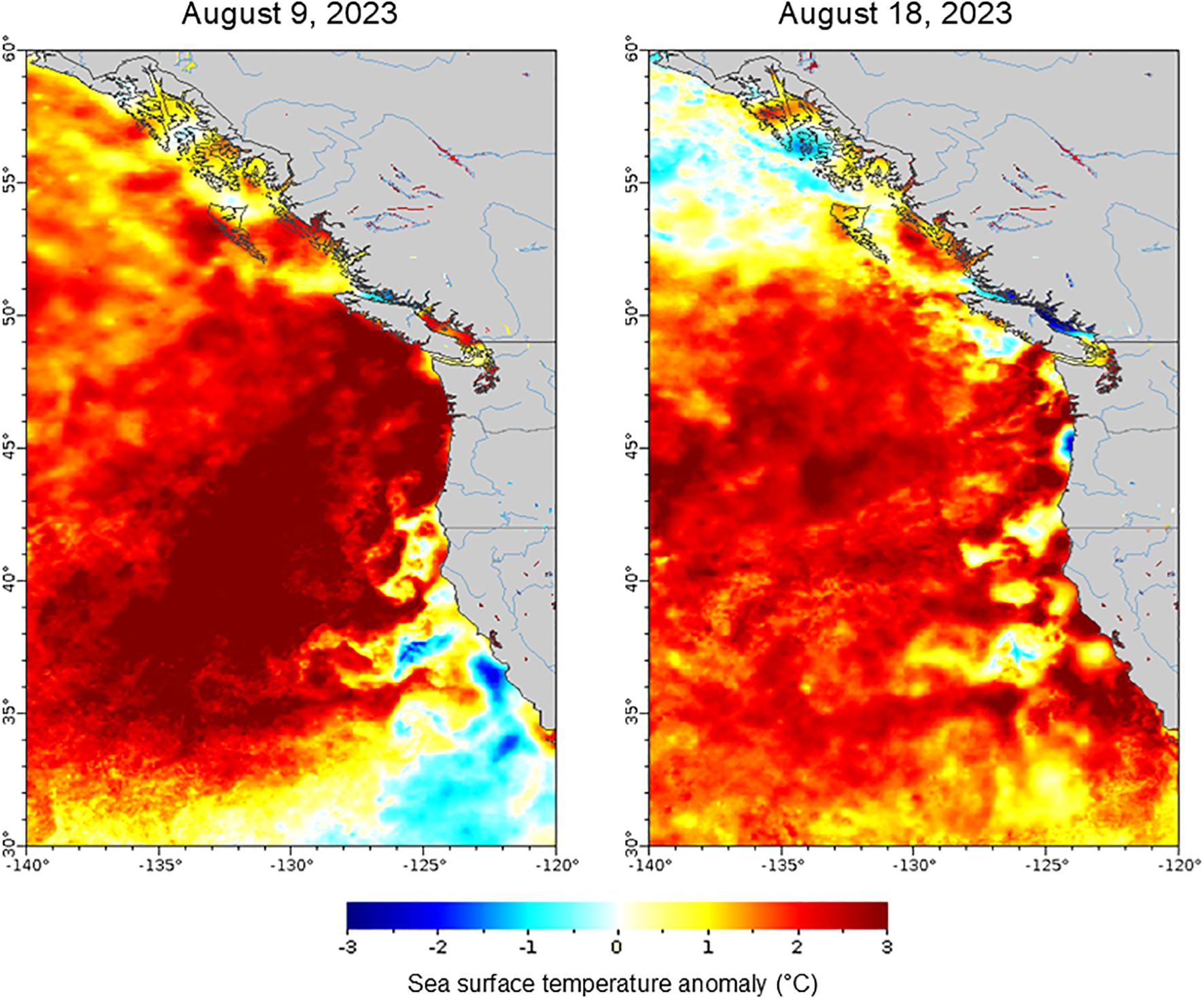 Side-by-side maps showing sea surface temperature anomalies along the Pacific coast of North America on August 9 and August 18, 2023. Red and orange indicate warmer anomalies, while blue indicates cooler anomalies. The maps reveal widespread warm anomalies, with stronger anomalies on August 9. A color bar beneath the maps indicates the temperature anomaly in degrees Celsius, ranging from negative three (blue) to positive three (red).