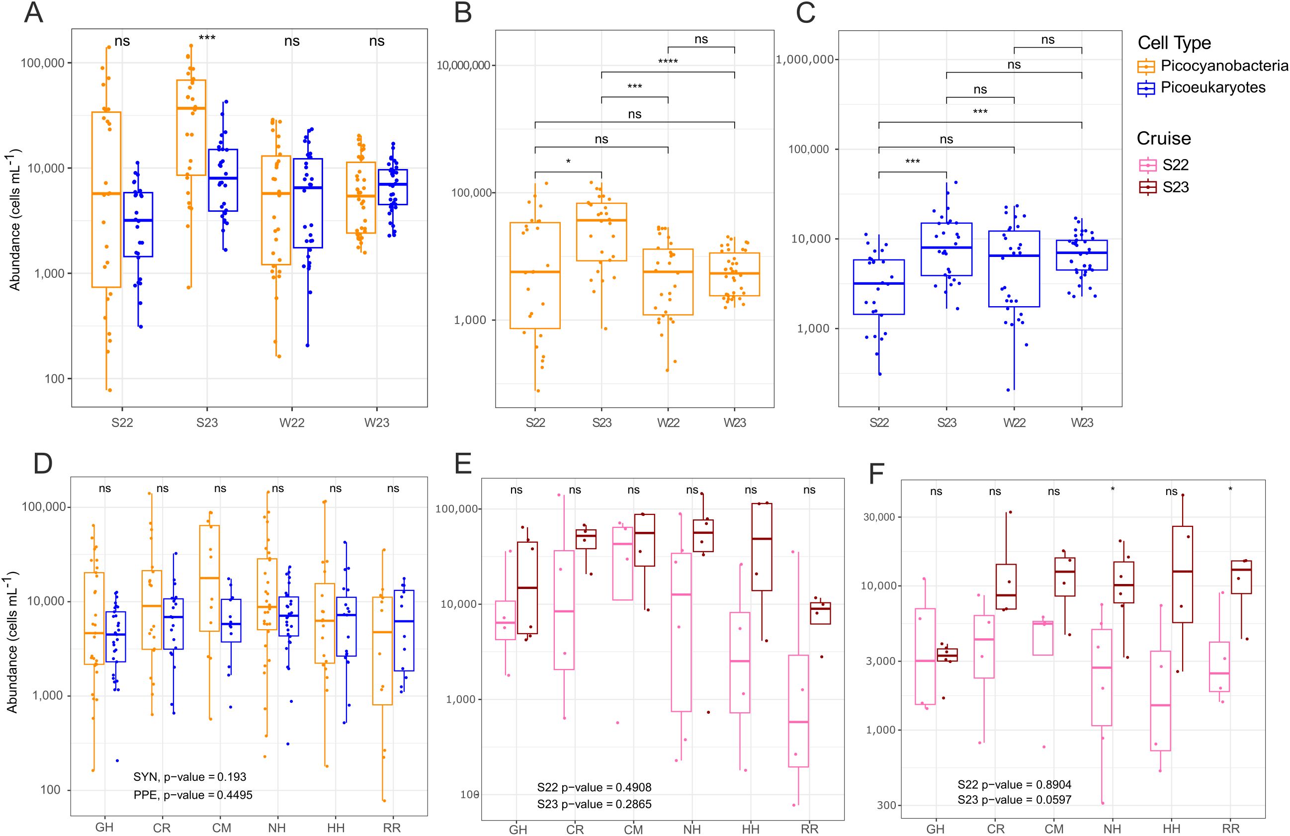 Box plots show the abundance of Picocyanobacteria and Picoeukaryotes across different cruises and sites. Panels A, B, and C compare cell types by using S22, S23, W22, and W23 cruises. Panels D, E, and F present site-specific abundance at GH, CR, CM, NH, HH, and RR. Statistical significance is indicated with symbols for comparisons.