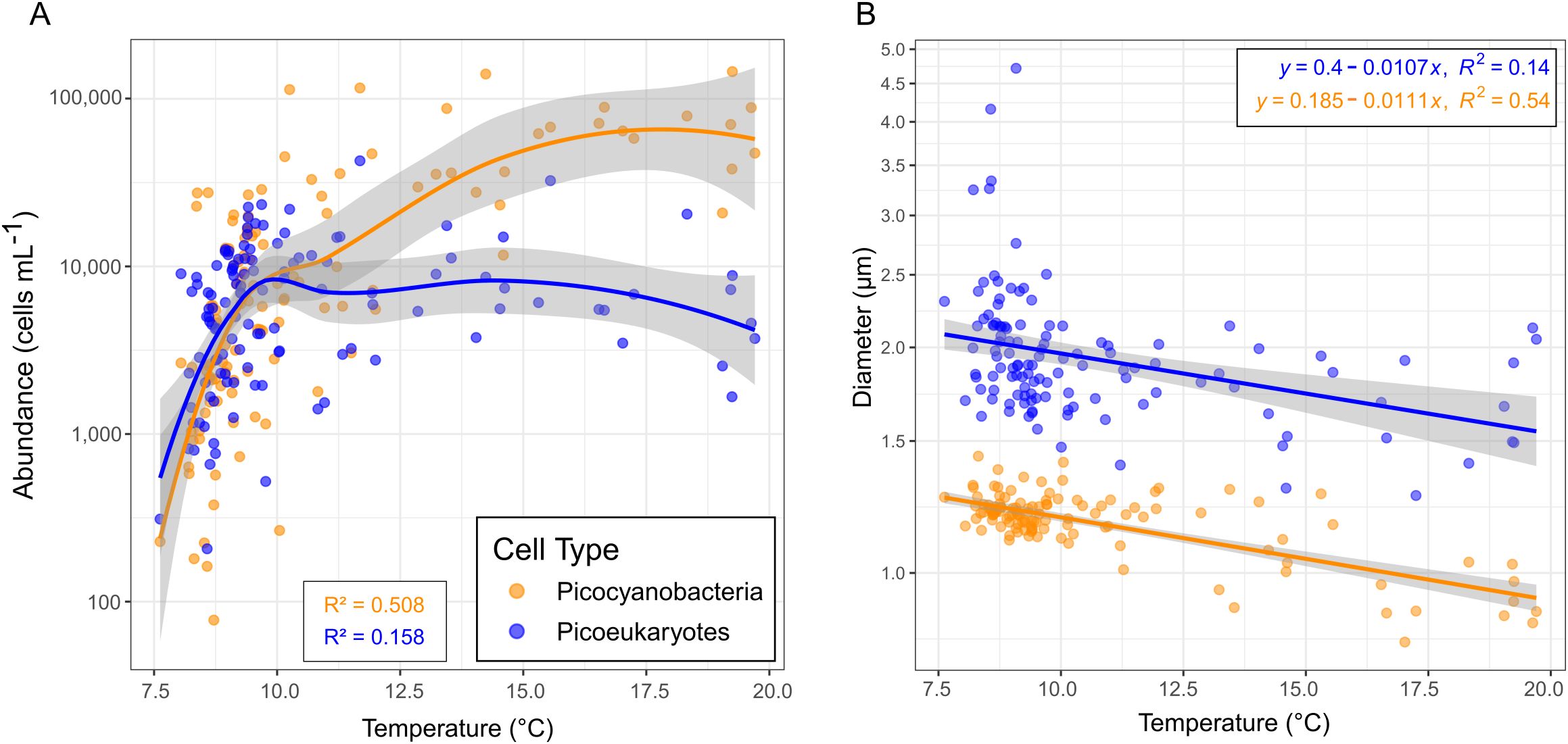 Two scatter plots labeled A and B show relationships between temperature and biological metrics for two cell types, picocyanobacteria (orange) and picoeukaryotes (blue). Plot A displays abundance against temperature with trend lines showing positive correlations for both cell types. Plot B shows diameter against temperature with negative correlations. Statistical values R² = 0.508 (orange) and R² = 0.158 (blue) are noted for plot A, indicating stronger correlation for picocyanobacteria. Plot B lists linear equations and R² values: y = 0.4 - 0.0107x, R² = 0.14 (blue) and y = 0.185 - 0.0111x, R² = 0.54 (orange).