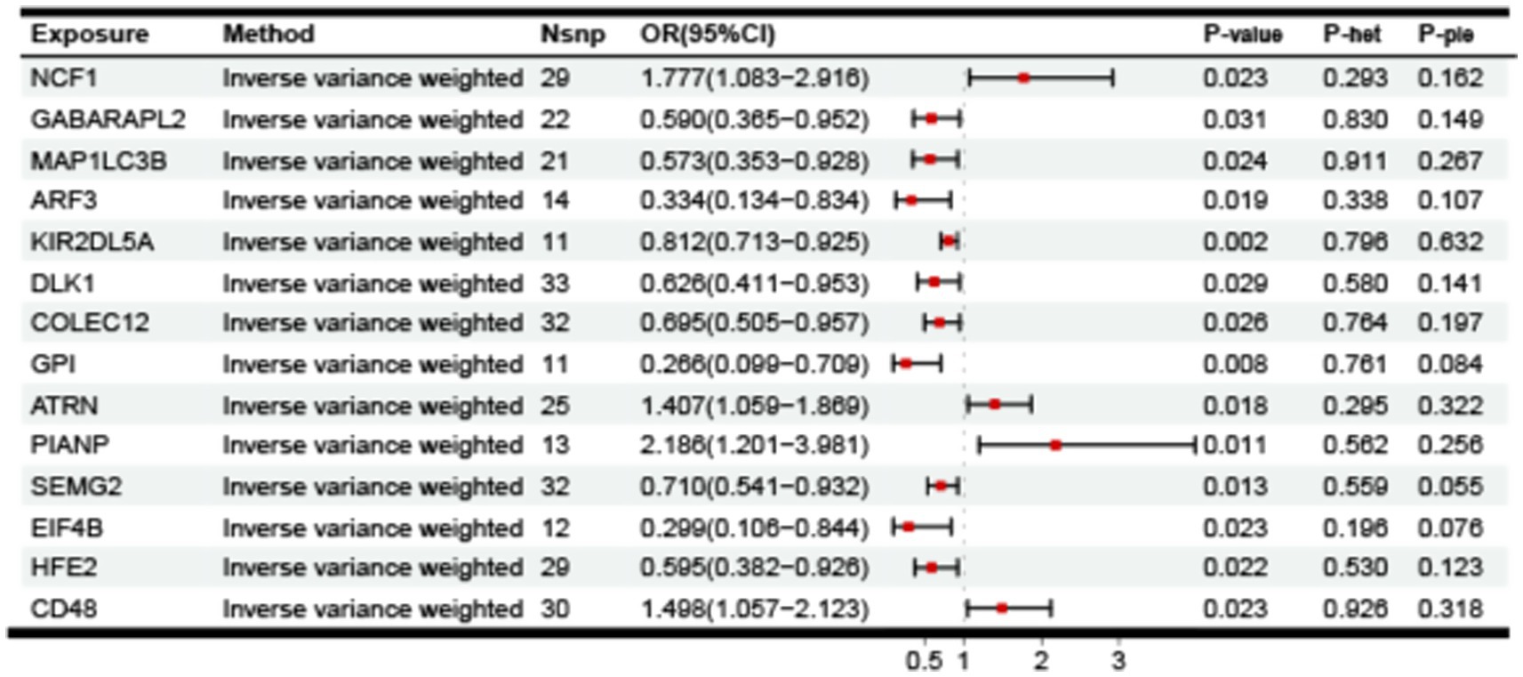 Forest plot displaying odds ratios with confidence intervals for various exposures analyzed using the inverse variance weighted method. Exposures include NCF1, GABARAPL2, MAP1LC3B, and others, with respective OR values and confidence intervals. P-values, P-het, and P-ple are listed beside each exposure. Some confidence intervals cross the null line, indicating non-significant results for certain exposures.