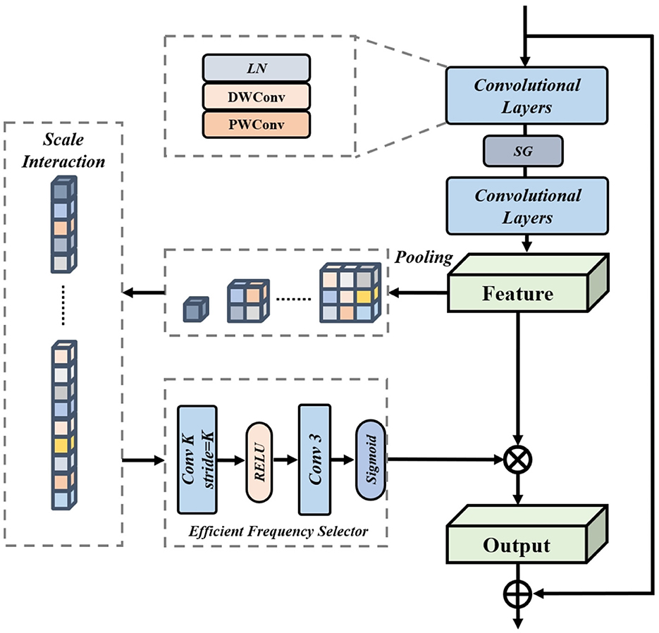 Diagram depicting a neural network architecture. It includes sections for scale interaction, pooling, feature extraction, and output generation. Layers involve convolutional processes, including depth-wise and point-wise convolution, and an efficient frequency selector utilizing convolution, ReLU activation, and sigmoid functions. The diagram illustrates data flow from input through various transformations to reach the final output.