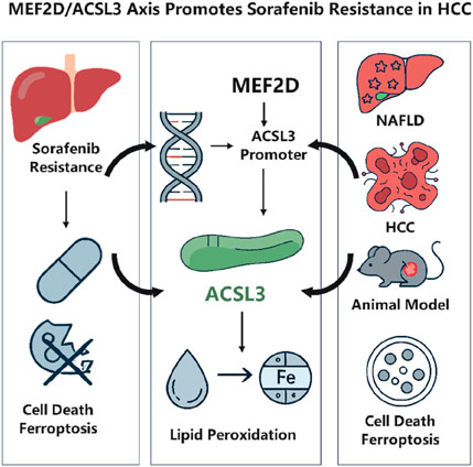 Diagram illustrating the MEF2D/ACSL3 axis promoting sorafenib resistance in hepatocellular carcinoma (HCC). Left panel depicts sorafenib resistance leading to reduced cell death (ferroptosis). Middle panel shows MEF2D activating ACSL3 promoter, increasing lipid peroxidation. Right panel illustrates an animal model with NAFLD and HCC, linked to cell death through ferroptosis. Arrows indicate the process flow.