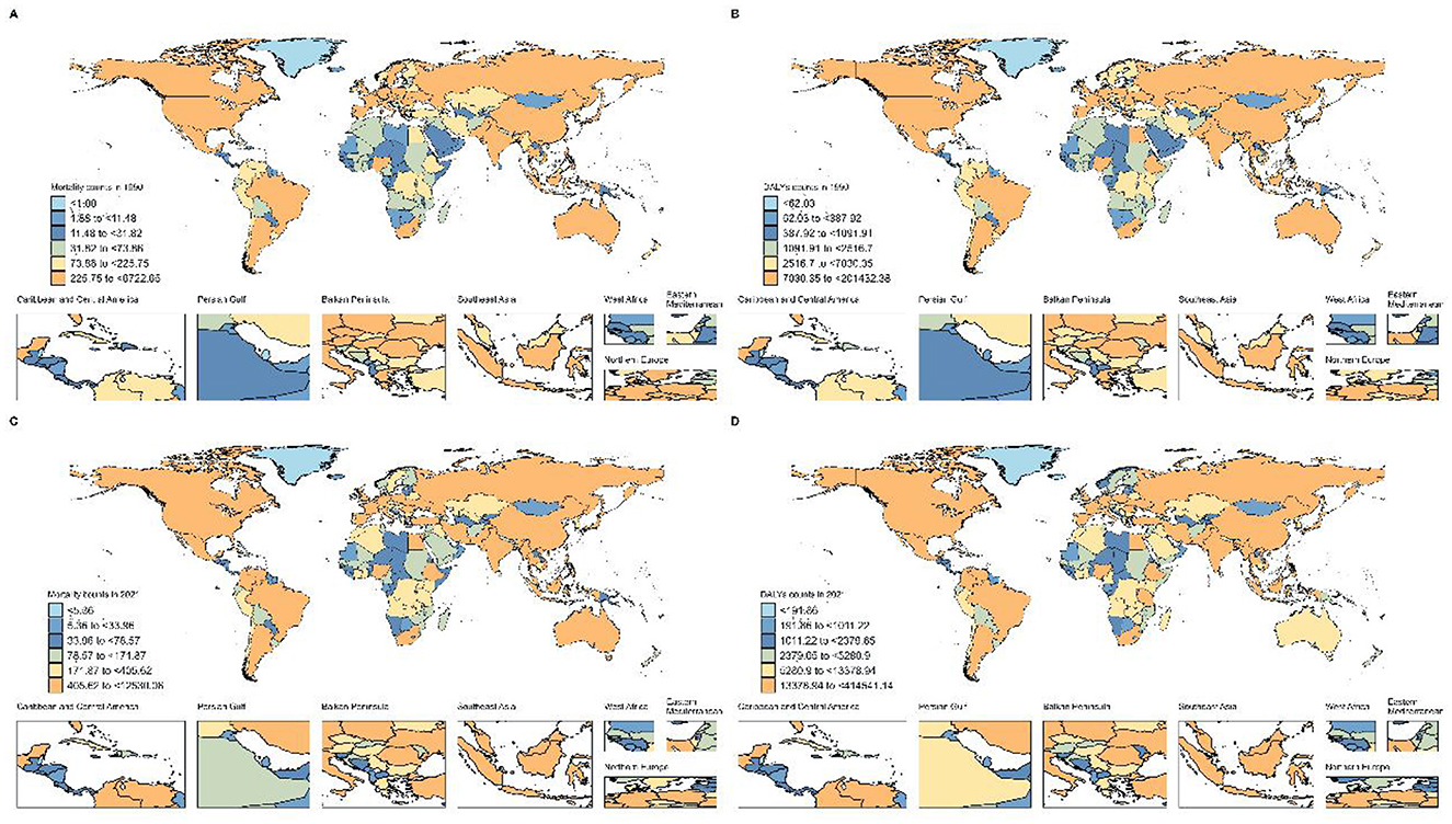 Four world maps labeled A to D, color-coded to indicate varying levels of data. Map A displays mortality rates, ranging from less than 1 to over 226 per 100,000 people. Map B shows DALYs (Disability-Adjusted Life Years), with values from less than 42.03 to over 7000. Map C provides death rates by country, from 2.55 to over 487.86 per 10,000 people. Map D depicts DALYs per 100,000 people, ranging from less than 1 to over 2372.00. Insets show specific areas like the Caribbean, Persian Gulf, Balkan Peninsula, Southeast Asia, and others for detailed views.