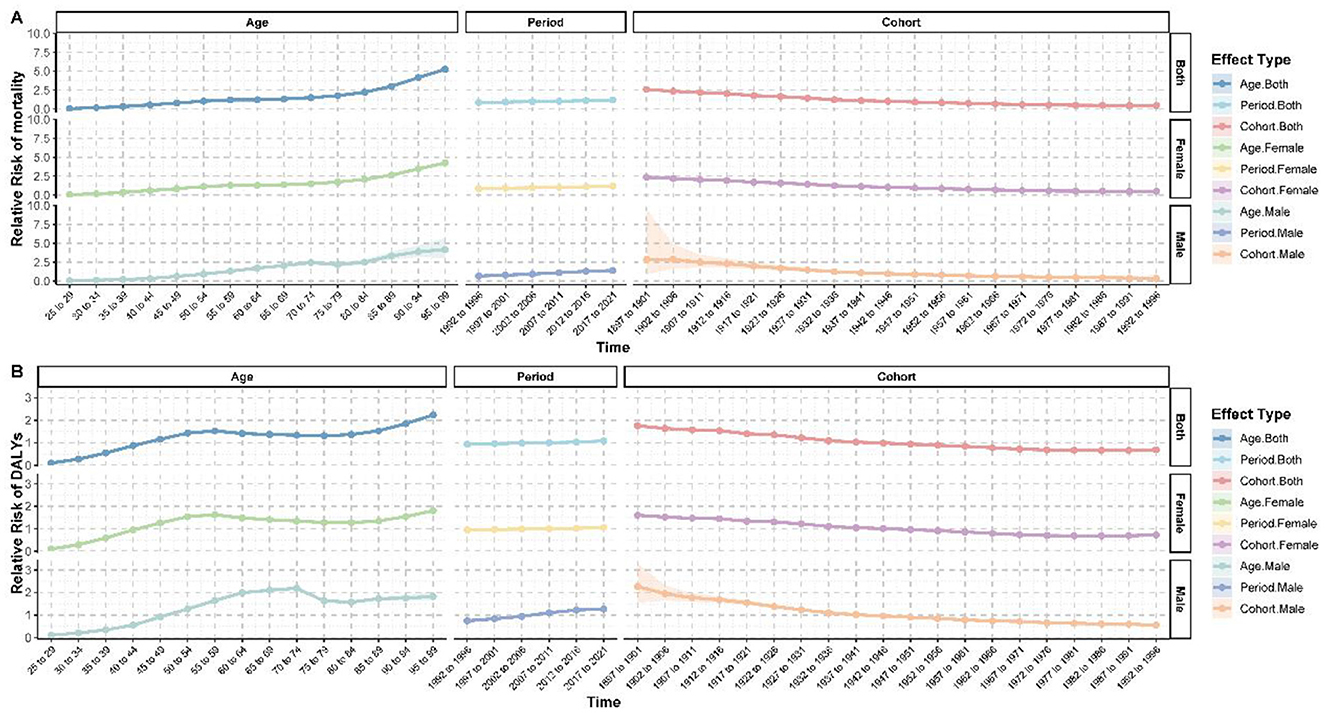 Two line graphs labeled A and B display relative risks. Graph A shows the relative risk of mortality by age, period, and cohort, with lines for both, females, and males. Graph B presents the relative risk of DALYs similarly. Lines are color-coded by effect type, including Age, Period, and Cohort for both sexes. Both graphs show trends across time, detailing variations in health risks.