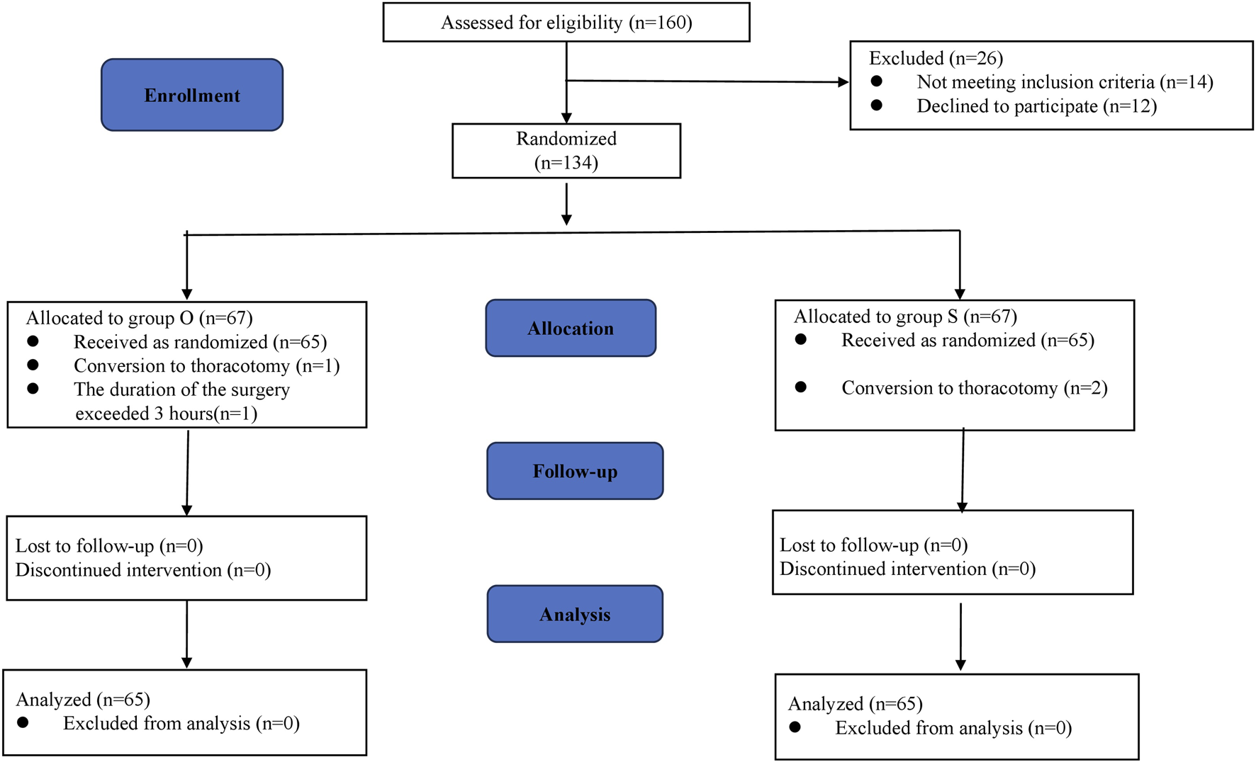 Flowchart of a clinical trial with enrollment, allocation, follow-up, and analysis stages. From 160 assessed, 134 were randomized into two groups: Group O and Group RM, each with 67 participants. Group O: 65 received as randomized, 1 conversion to thoracotomy, 1 surgery lasted over 3 hours, 65 analyzed. Group RM: 65 received as randomized, 2 conversions to thoracotomy, 65 analyzed. Lost to follow-up and exclusions are noted as zero for both groups.