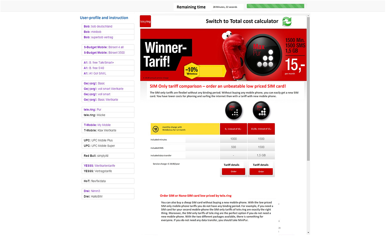 Advertisement for a SIM-only tariff plan by tele.ring featuring a “Winner-Tariff” with a 10% discount. The plan includes 1500 minutes, 1500 SMS, and 1.5 GB data for 15 euros per month. A comparison chart displays the package benefits against regular prices, promoting cost savings on mobile usage without needing a new phone. Options to order the SIM or Nano-SIM are highlighted along with plan details. Color scheme features red and black with graphical elements like a boxing glove.