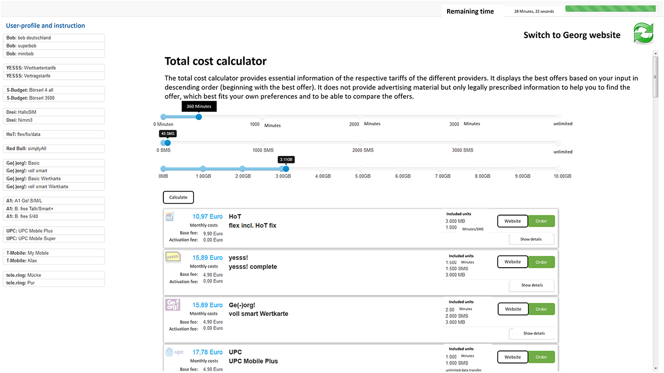 Total cost calculator interface displaying sliders for minutes, SMS, and data usage to determine the best tariff offers. Below, a list of service providers with prices and options to visit their website or order plan is shown. User profiles are listed on the left sidebar.