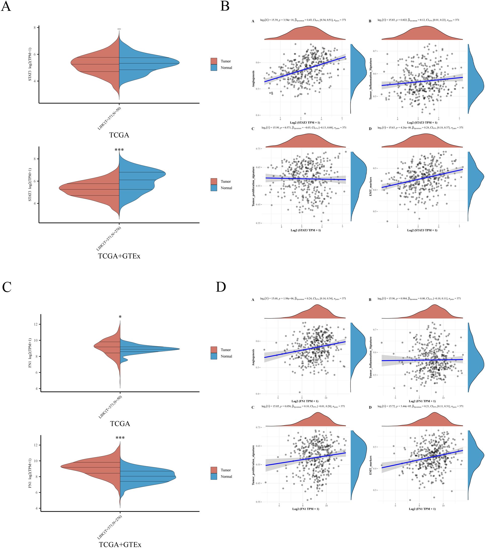 Panel A shows two violin plots comparing tumor and normal tissue for TCGA and TCGA+GTEx datasets. Panel B displays four scatter plots with regression lines, illustrating correlations with density plots. Panel C features two violin plots similar to Panel A but with a different dataset. Panel D includes scatter plots similar to Panel B, indicating correlations with tumor and normal tissue. Statistical significance is marked with asterisks in Panels A and C.
