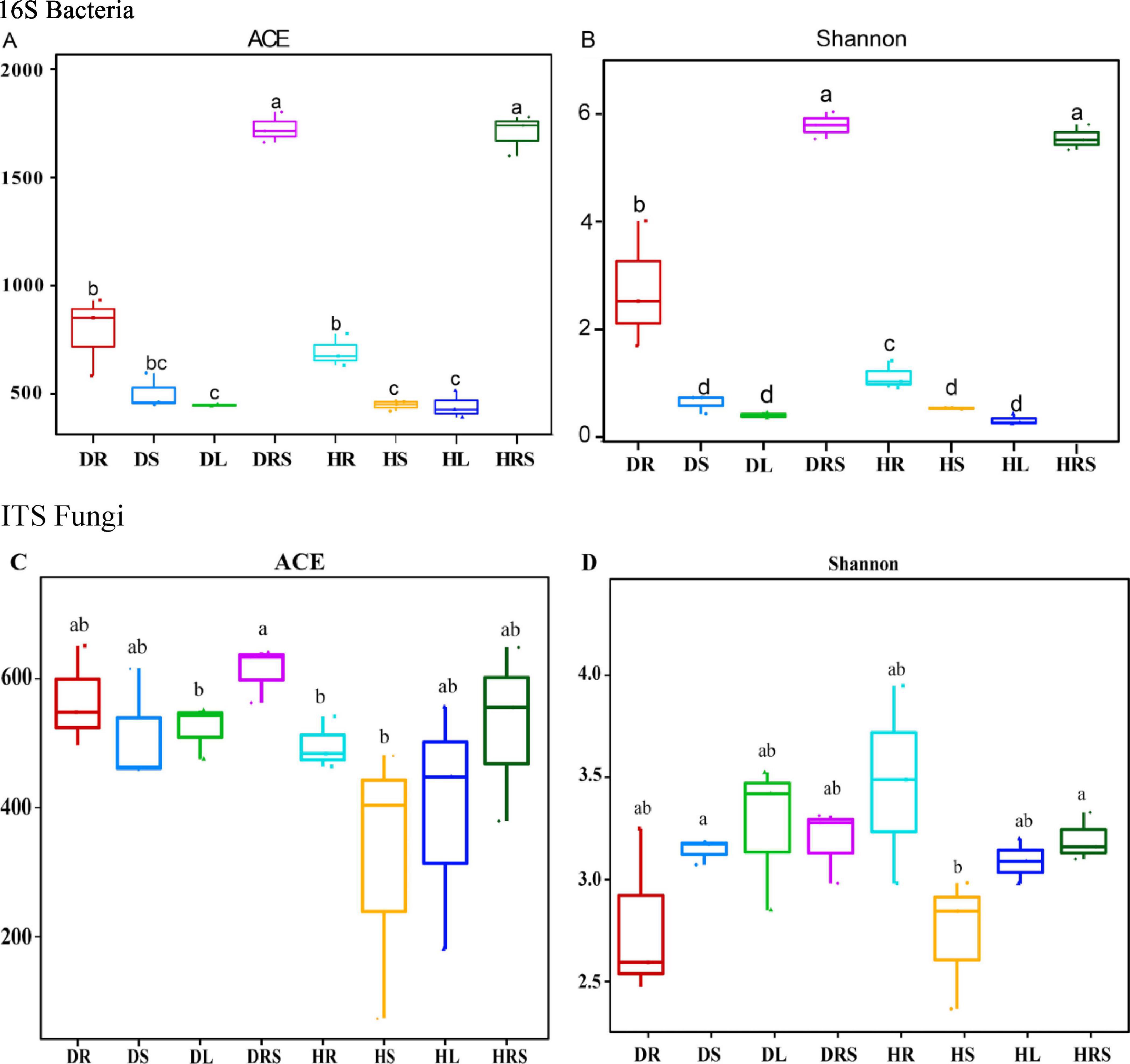 Box plots comparing ACE and Shannon indices for 16S Bacteria (A and B) and ITS Fungi (C and D). The x-axis shows different treatments (DR, DS, DL, etc.), and the y-axis indicates index values. Different letters above the boxes denote statistically significant differences between groups. Plot A shows higher ACE values for certain treatments compared to others. Plot B indicates similar patterns with Shannon indices. Plots C and D for fungi show varied ACE and Shannon values across different treatments. Plots are color-coded for each treatment group.