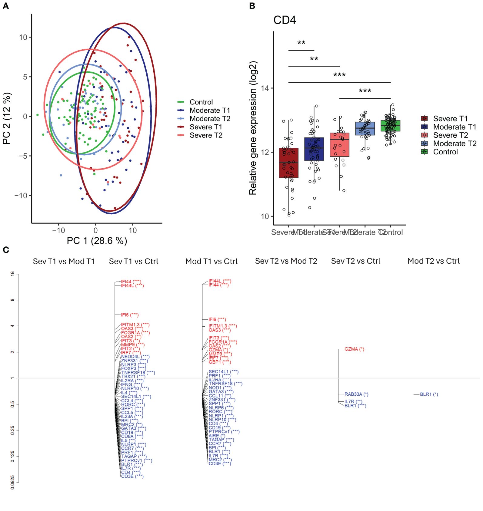 A cluster of three data visualizations detailing cell analysis. Panel A shows a t-SNE plot with colored clusters of cell types labeled U0 to U11. Panel B displays a network diagram with a pie chart indicating groups such as severe infection and control. Panel C contains multiple line and box plots representing cell frequency as a percentage of PBMC across different ages and conditions, with distinctions for severe and moderate infections, and controls. Groupings are shown with color codes and statistical significance is marked with asterisks.