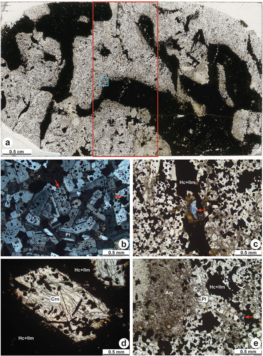 Composite image of mineral thin sections displaying different structures and compositions. (a) Shows a large area with various mineral formations in black and white shades. (b) Features plagioclase (Pl) crystals and marked areas with red arrows. (c) Displays hemoilmenite (Hc+Ilm) with an adjacent mineral highlighted in blue. (d) Shows a corundum (Crn) grain surrounded by hemoilmenite. (e) Illustrates areas of hornblende (Am) and plagioclase with hemoilmenite inclusions and red arrows indicating specific locations. Each panel includes a scale bar for reference.