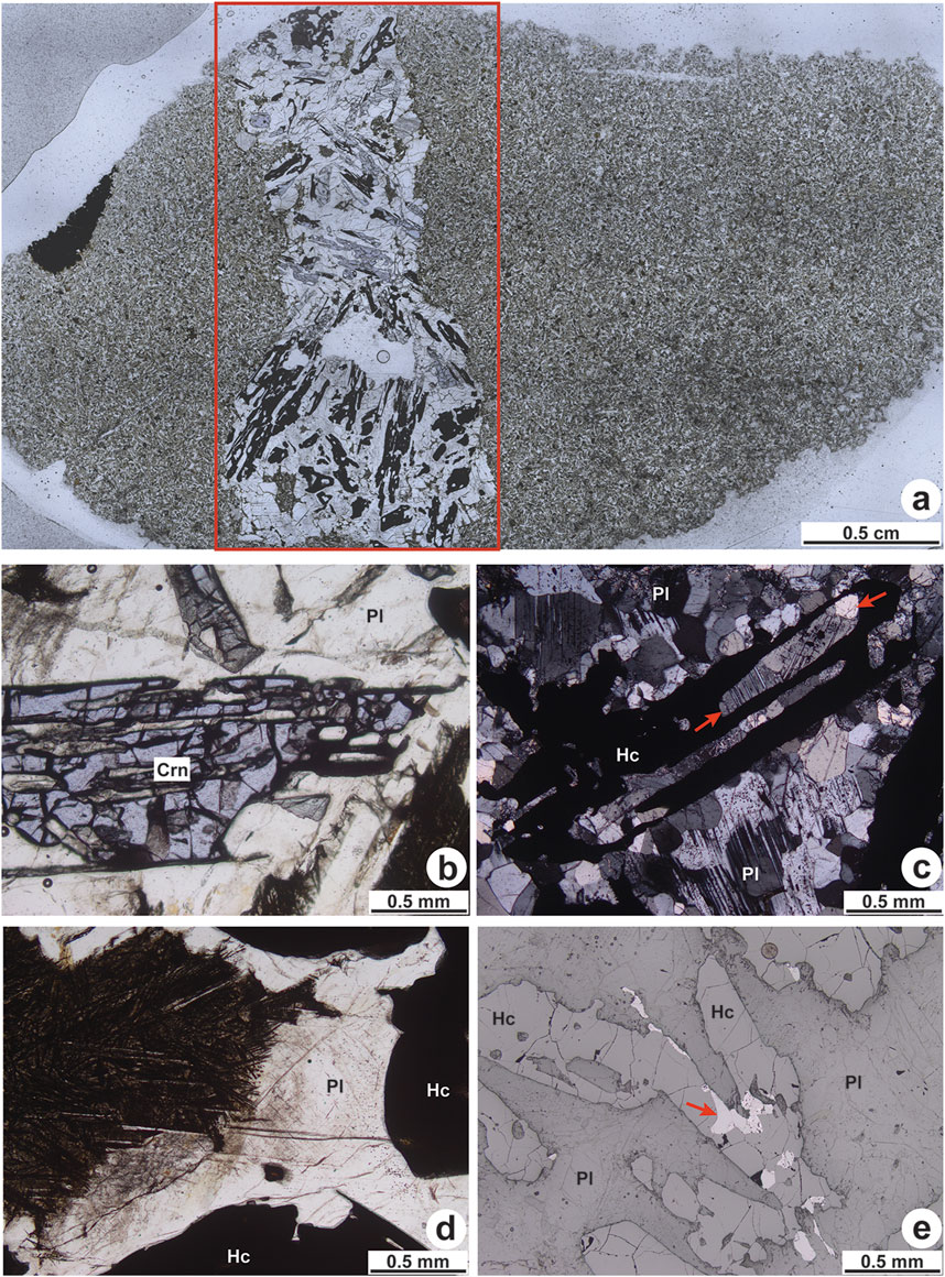 Five-panel microscopic images of rock samples: (a) a broad view showcasing a textured section, labeled scale 0.5 cm; (b) close-up with labeled minerals Crn and Pl, showing crystalline structures; (c) another section with minerals Pl and Hc, marked by red arrows, scale 0.5 mm; (d) additional detailed view with Pl and Hc, displaying intricate patterns; (e) grayscale image highlighting Pl and Hc, with an arrow pointing to a specific feature, scale 0.5 mm.