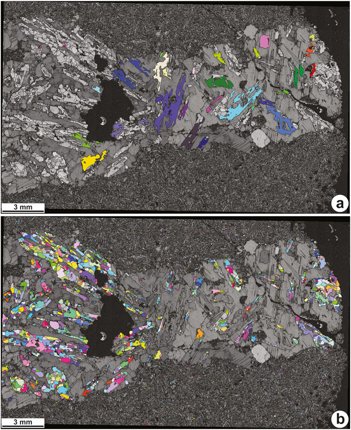 Two false-color electron microprobe images of rock samples labeled