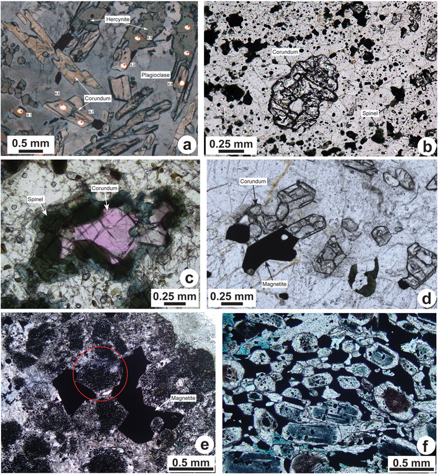 Thin section microscopy images of mineral samples:a) Image showing hercynite, corundum, and plagioclase with scale bar of 0.5 millimeters.b) Close-up of corundum and spinel granules with a scale bar of 0.25 millimeters.c) Corundum and spinel in a polarized light view with a scale bar of 0.25 millimeters.d) Corundum and magnetite crystals under a light microscope with a scale bar of 0.25 millimeters.e) Magnetite with a marked area, 0.5 millimeters scale.f) Texture pattern of minerals under polarized light with a scale bar of 0.5 millimeters.