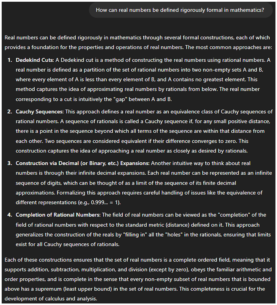 Text discussing four rigorous methods of defining real numbers in mathematics: Dedekind Cuts, Cauchy Sequences, Construction via Decimal Expansions, and Completion of Rational Numbers. Each method provides a foundation for the properties and operations of real numbers and ensures they form a complete ordered field, supporting arithmetic operations and calculus development.