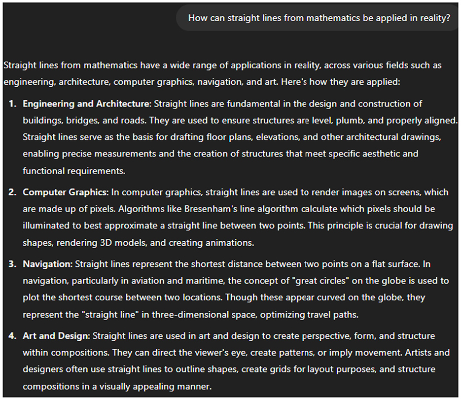 Text explaining the applications of straight lines from mathematics in reality across various fields: engineering, architecture, computer graphics, navigation, and art. Each field utilizes straight lines for specific tasks like constructing buildings, rendering images, plotting navigation paths, and creating art layouts.