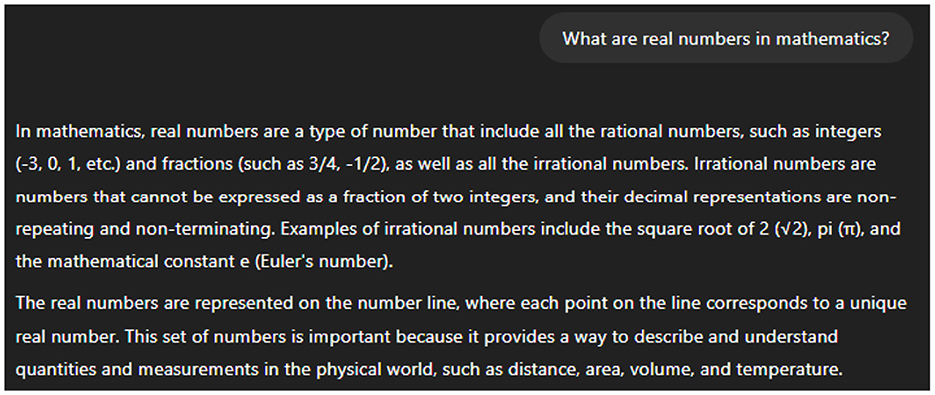 Text explains real numbers in mathematics, including rational numbers (integers and fractions) and irrational numbers (non-repeating, non-terminating decimals like square root of 2, pi, and Euler's number). Real numbers are represented on the number line and are essential for measuring physical quantities like distance, area, volume, and temperature.