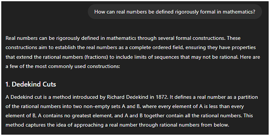 Text explaining how real numbers can be rigorously defined in mathematics using formal constructions, with emphasis on forming a complete ordered field. It highlights the Dedekind Cuts method, introduced by Richard Dedekind in 1872, which partitions rational numbers into two sets to define real numbers.