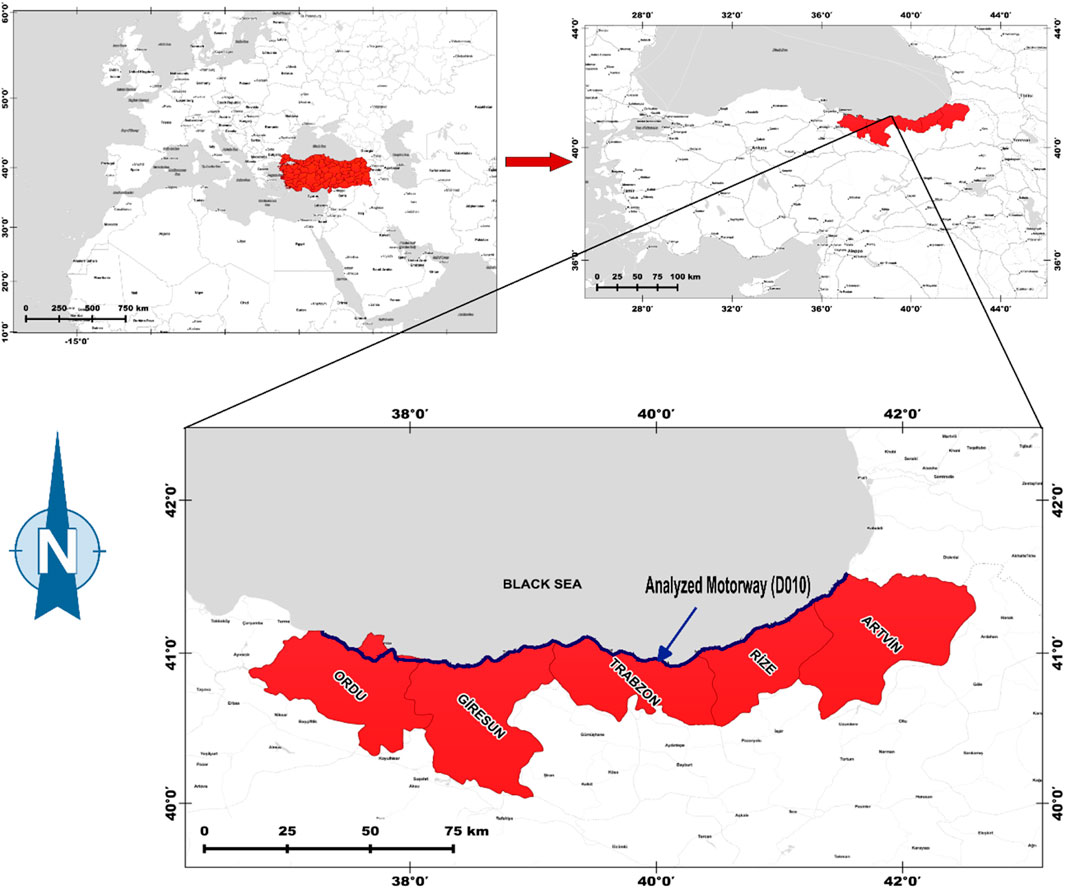 Map highlighting the analyzed D010 motorway along Turkey's Black Sea coast. Regions labeled are Ordu, Giresun, Trabzon, Rize, and Artvin. Insets show the broader context within Europe and the Middle East. A compass rose indicates north.