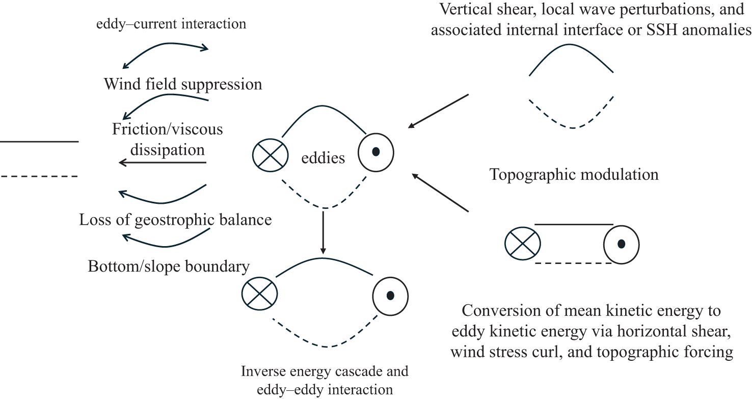Flowchart illustrating the life cycle of oceanic mesoscale eddies. Eddies are generated by processes such as vertical shear, internal wave perturbations, and sea surface height (SSH) anomalies, along with the conversion of mean kinetic energy to eddy kinetic energy via horizontal shear, wind stress curl, and topographic forcing. Eddies evolve through inverse energy cascade and eddy–eddy interactions, and eventually decay due to bottom/slope boundary effects, loss of geostrophic balance, friction/viscous dissipation, wind field suppression, and eddy–current interaction. Arrows indicate process flow; solid lines show SSH, dashed lines indicate thermocline.
