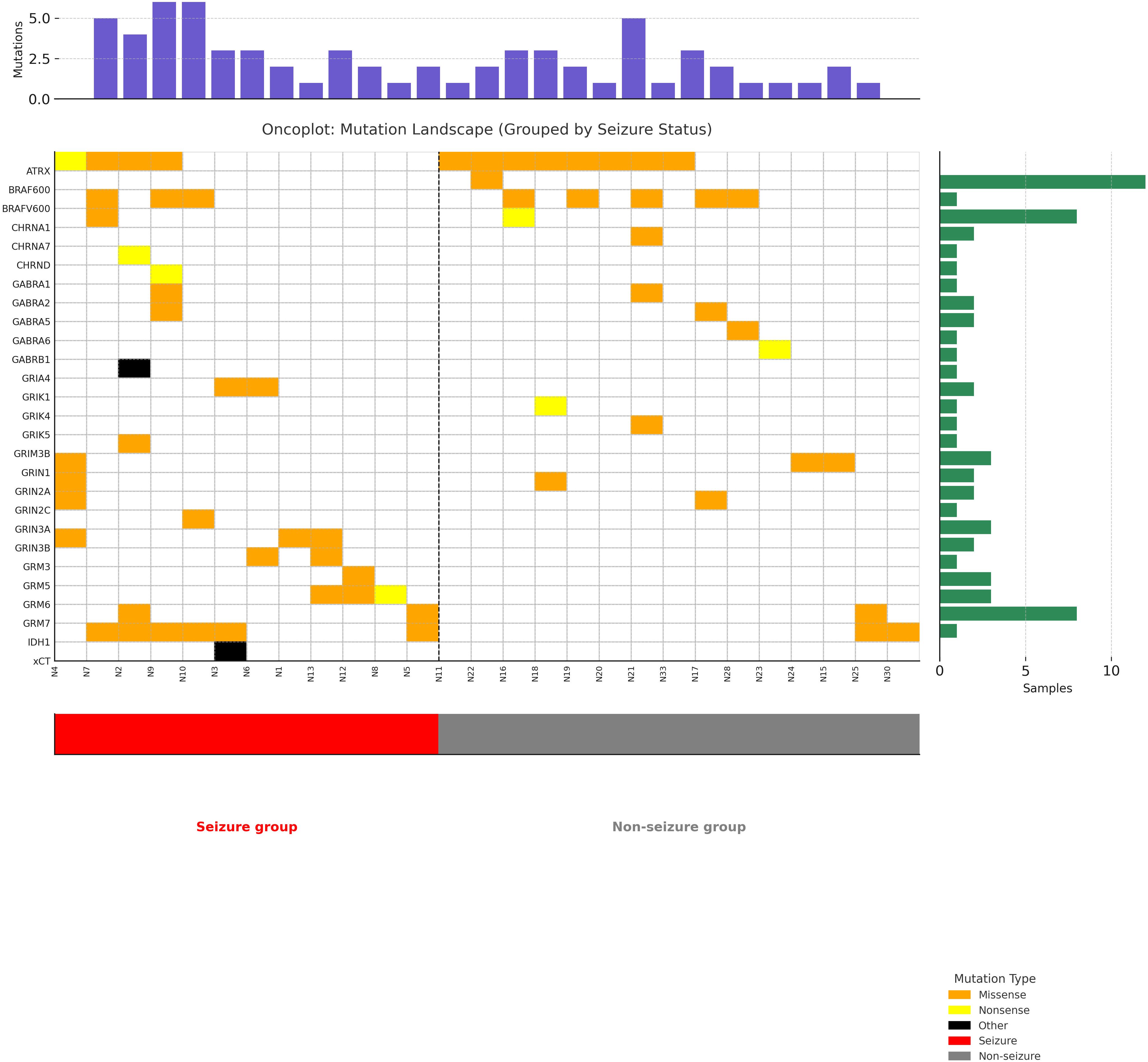 Oncoplot illustrating the mutation landscape grouped by seizure status. The upper section includes a purple bar graph showing mutation frequency. The center displays a grid with colored squares indicating mutation types across different genes, with yellow for missense and orange for nonsense mutations. Horizontal green bar graphs on the right indicate sample counts. The bottom part divides samples into two groups: seizure (red) and non-seizure (gray). The legend explains color coding for mutation types.