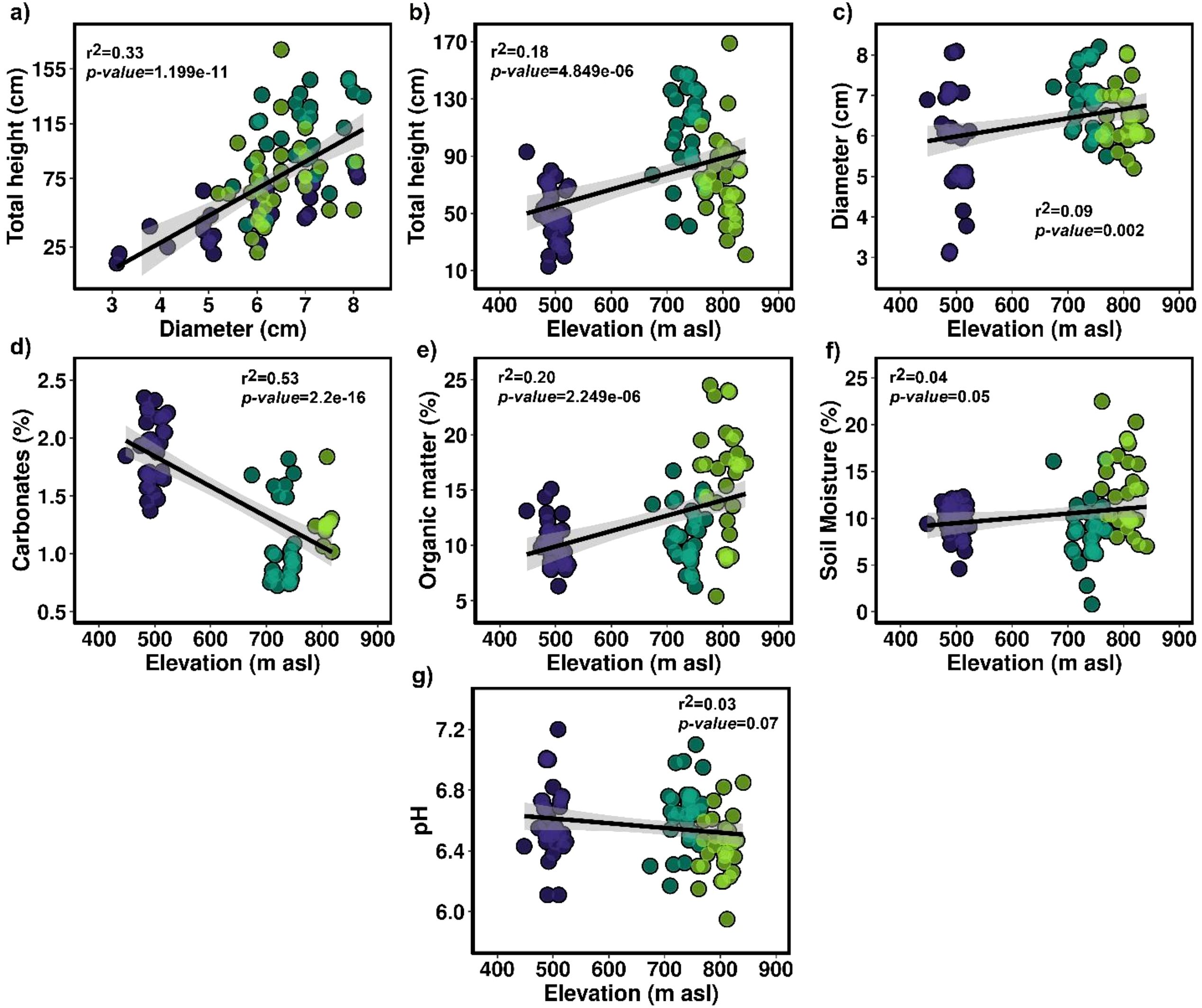 Scatter plots showing relationships between different variables. a) Total height versus diameter with a trend line, r-squared of 0.33, and p-value of 1.199e-11. b) Total height versus elevation with r-squared of 0.18 and p-value of 4.849e-06. c) Diameter versus elevation with r-squared of 0.09 and p-value of 0.002. d) Carbonates versus elevation with r-squared of 0.53 and p-value of 2.2e-16. e) Organic matter versus elevation with r-squared of 0.20 and p-value of 2.249e-06. f) Soil moisture versus elevation with r-squared of 0.04 and p-value of 0.05. g) pH versus elevation with r-squared of 0.03 and p-value of 0.07.