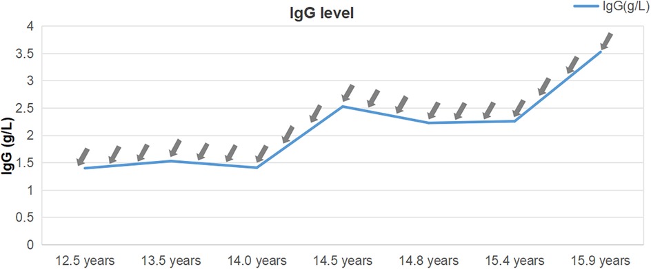 Line graph showing IgG levels (g/L) from age 12.5 to 15.9 years. IgG level starts at 1.5 g/L, remains stable, then gradually rises after age 14.5, reaching above 3.5 g/L by 15.9 years. Gray arrows indicate the trend points.