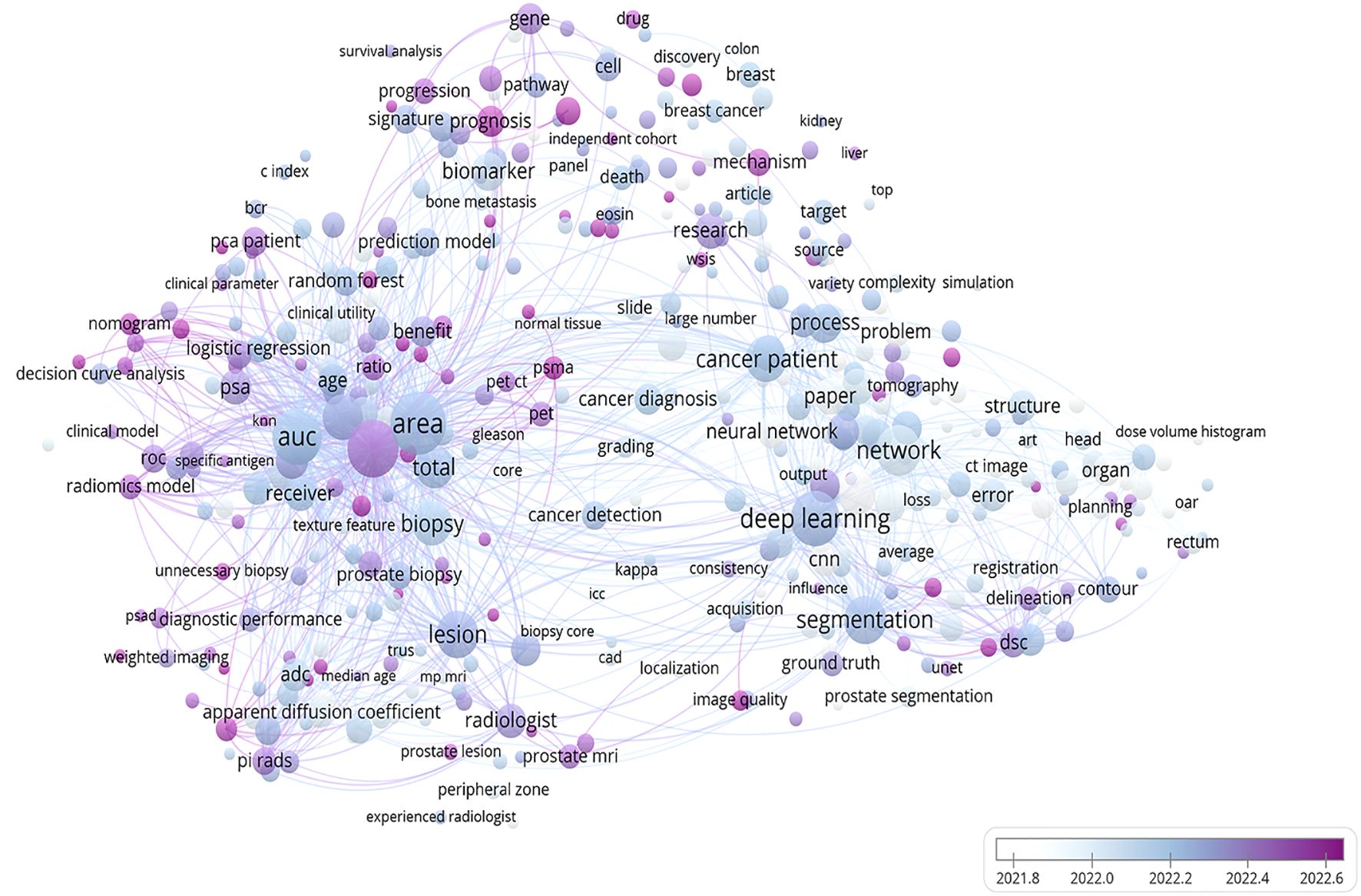 Network diagram showing interconnected terms related to cancer research, such as “deep learning,” “biopsy,” and “cancer patient.” Nodes vary in color and size, reflecting connections and relevance over time from 2021.8 to 2022.6, as indicated by a color scale.