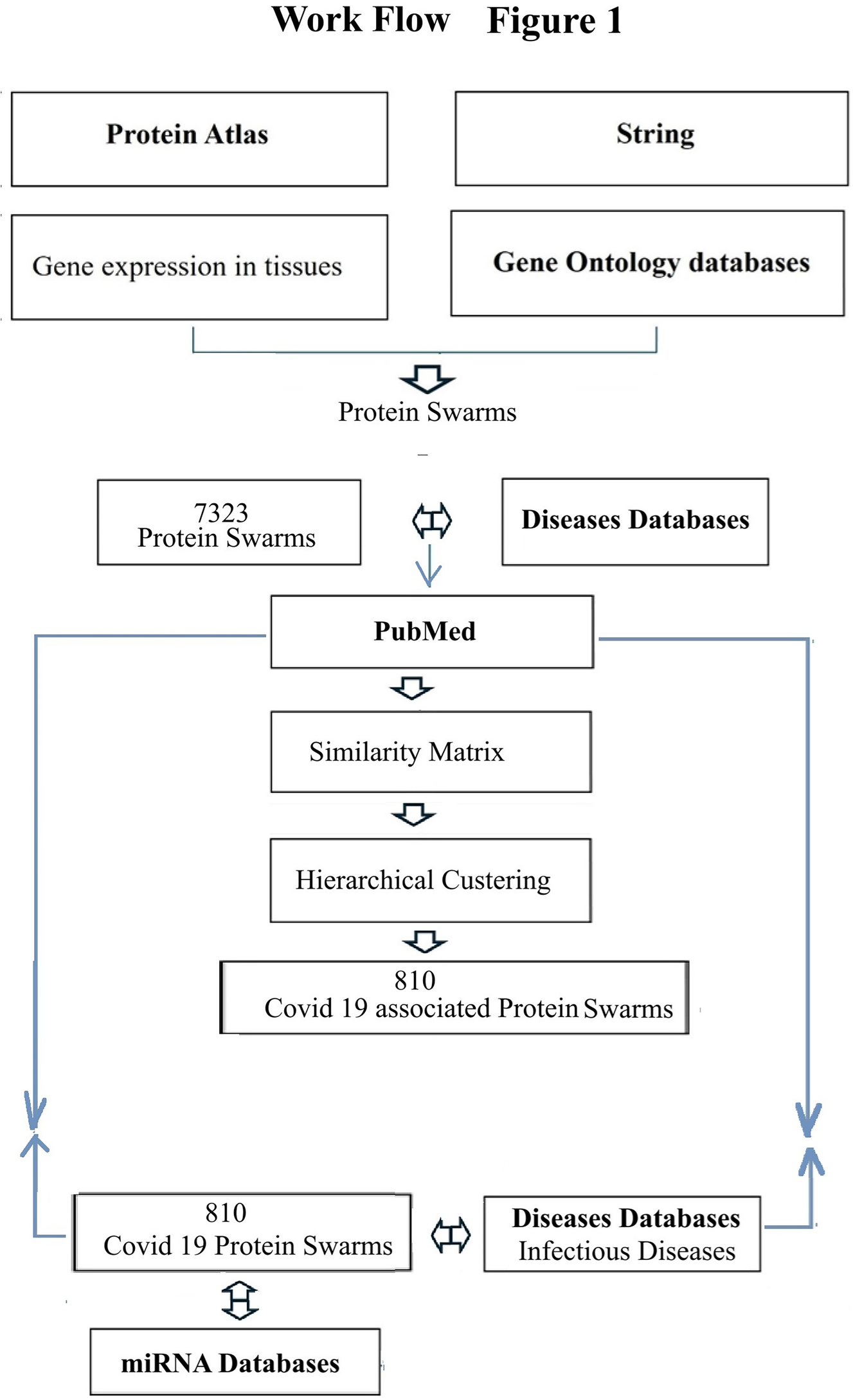 Flowchart showing a workflow for protein swarm analysis. It starts with four inputs: Protein Atlas, String, Gene expression in tissues, and Gene Ontology databases. These lead to Protein Swarms, totaling 7323, which are compared with Diseases Databases using a Similarity Matrix. This results in 810 COVID-19 associated Protein Swarms after Hierarchical Clustering, depicted as Figure 1. Further analysis in Figure 2 involves these swarms with miRNA Databases and Diseases Databases focused on Infectious Diseases, leading to Figures 2a and 2b.