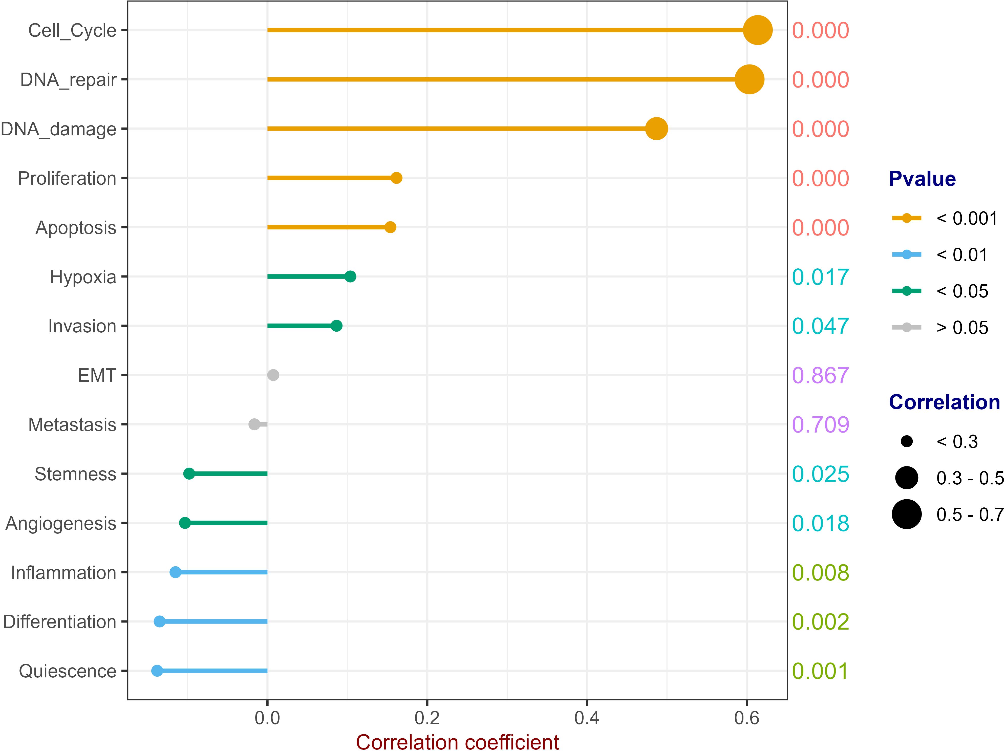 Bar chart showing correlation coefficients of various biological processes with significance levels. Processes like Cell Cycle, DNA repair, and DNA damage have high coefficients and significant p-values (<0.001), indicated with large orange bars. Lower coefficients for processes like Quiescence and Inflammation are shown in blue and gray with higher p-values. The legend differentiates p-value significance and correlation strength using colors and circle sizes.