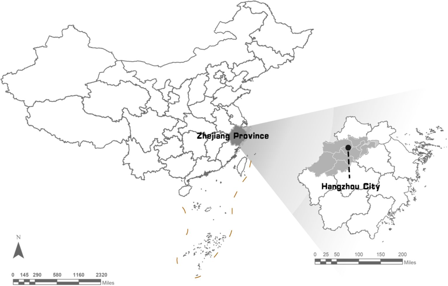 Map showing China with Zhejiang Province highlighted. An inset zooms in on Zhejiang, indicating Hangzhou City with a black dot. A scale in miles is included.