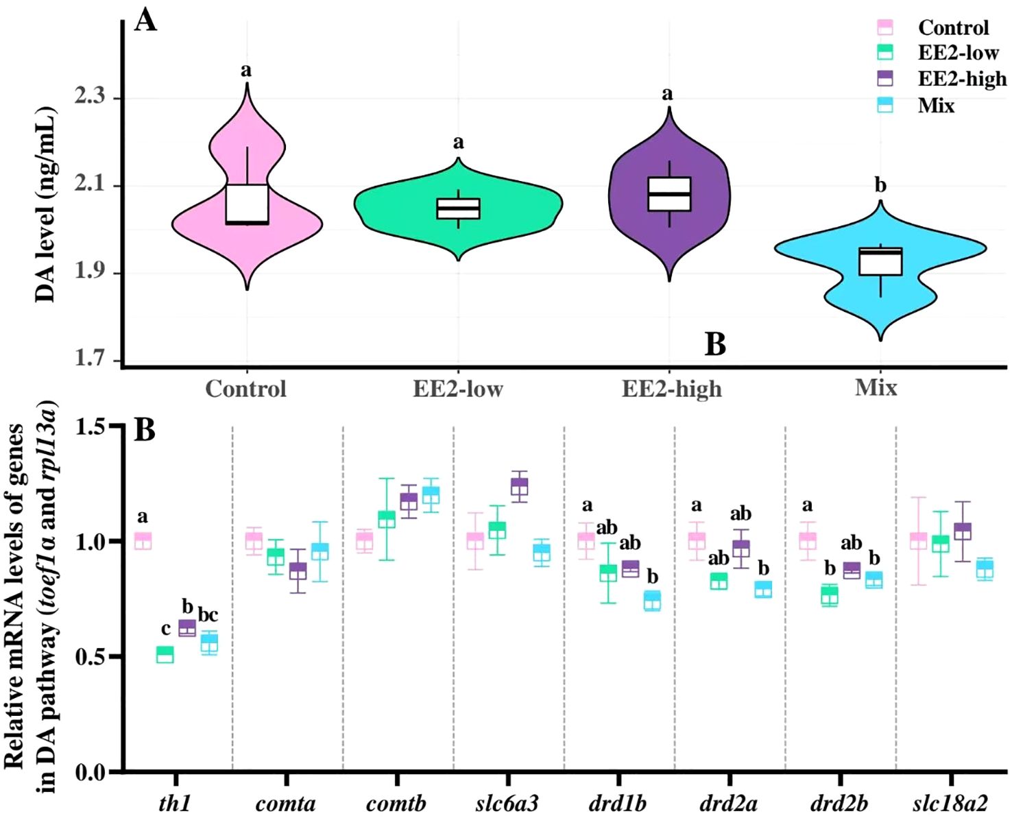Violin and box plots depict dopamine (DA) levels and gene expression across four groups: Control, EE2-low, EE2-high, and Mix. Panel A shows DA levels (ng/mL) with significant differences indicated by letters. Panel B displays relative mRNA levels of genes involved in the DA pathway, normalized against specific genes, with variability marked by letters. The legend clarifies group colors: pink (Control), green (EE2-low), purple (EE2-high), and blue (Mix).
