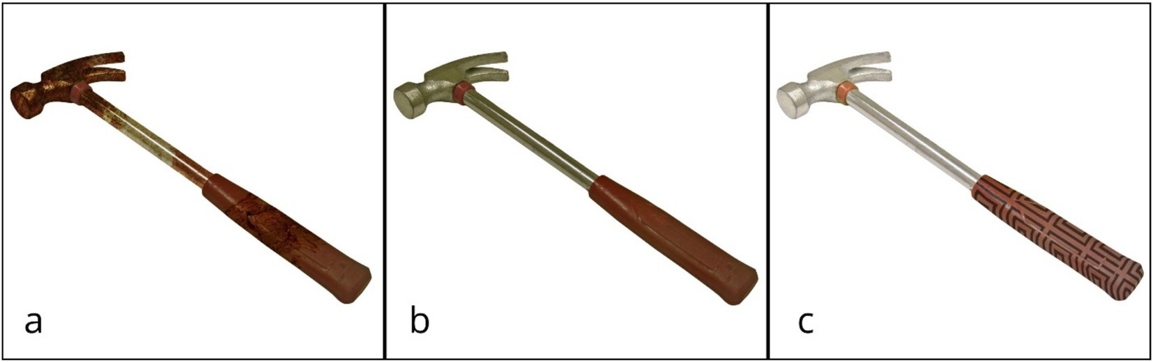 Three claw hammers labeled a, b, and c. Hammer a is rusty, with a corroded handle and head. Hammer b is clean, with a metal head and smooth brown handle. Hammer c features a patterned brown handle and a shiny silver head.