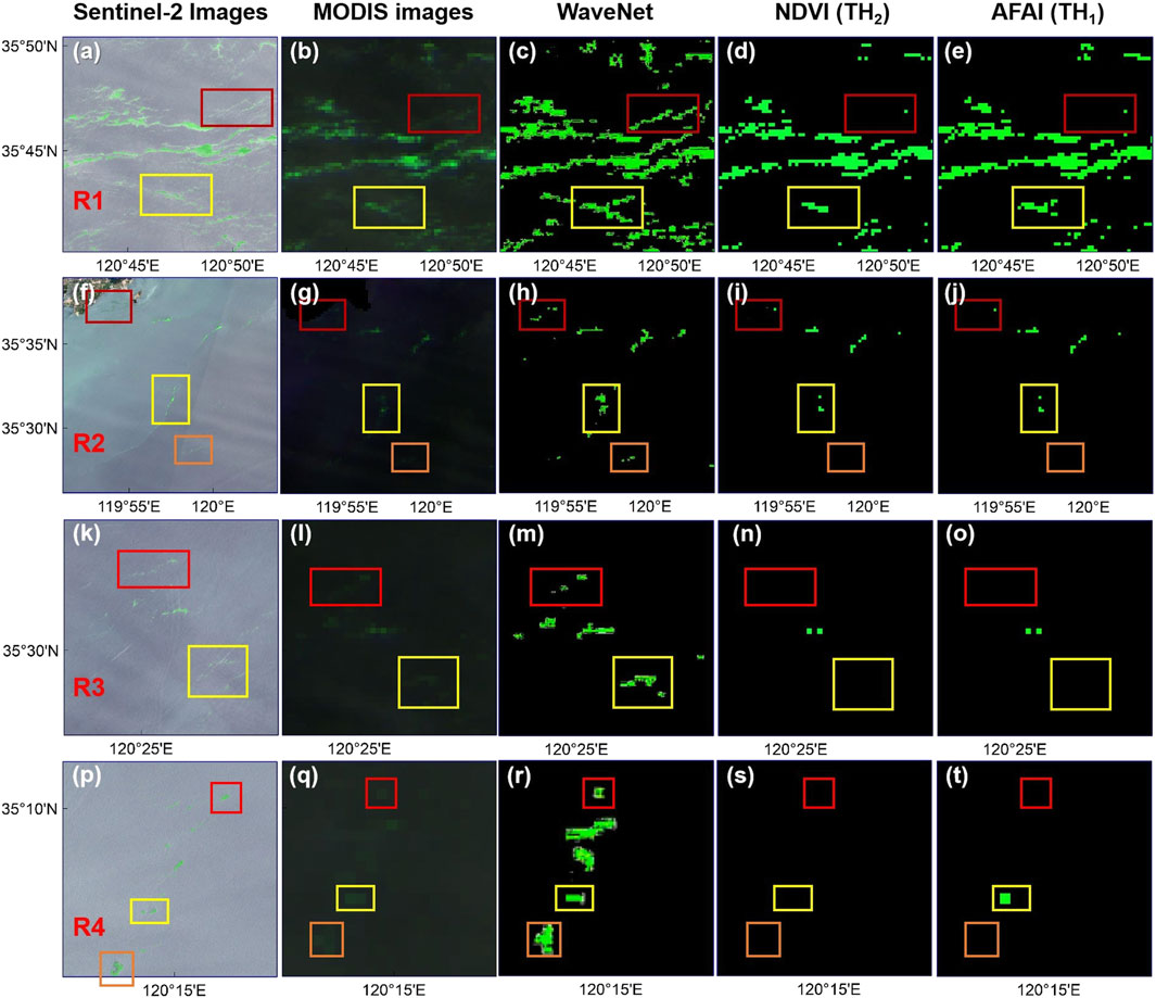 Satellite images showing comparisons between Sentinel-2 and MODIS imagery, analyzed using WaveNet, NDVI (TH₂), and AFAI (TH₁) methods. Each row represents a distinct region (R1 to R4) with different analysis results. Images highlight areas in different colors, indicating varying data interpretations and vegetation analysis across the methods. Rectangles of different colors denote key areas of interest.