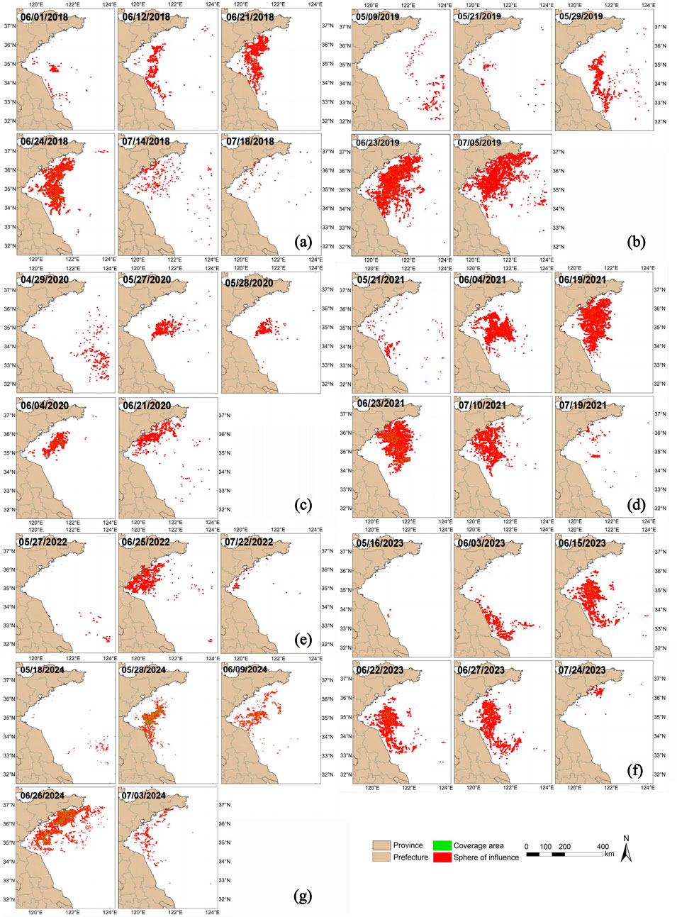 Series of maps depicting areas of influence in red across various dates from 2018 to 2024, across different regions marked as provinces and prefectures. Each map shows changes over time, with a legend indicating province, prefecture, coverage area in green, and sphere of influence in red. Dates on maps range from early June to late July across multiple years, highlighting shifts in influence.