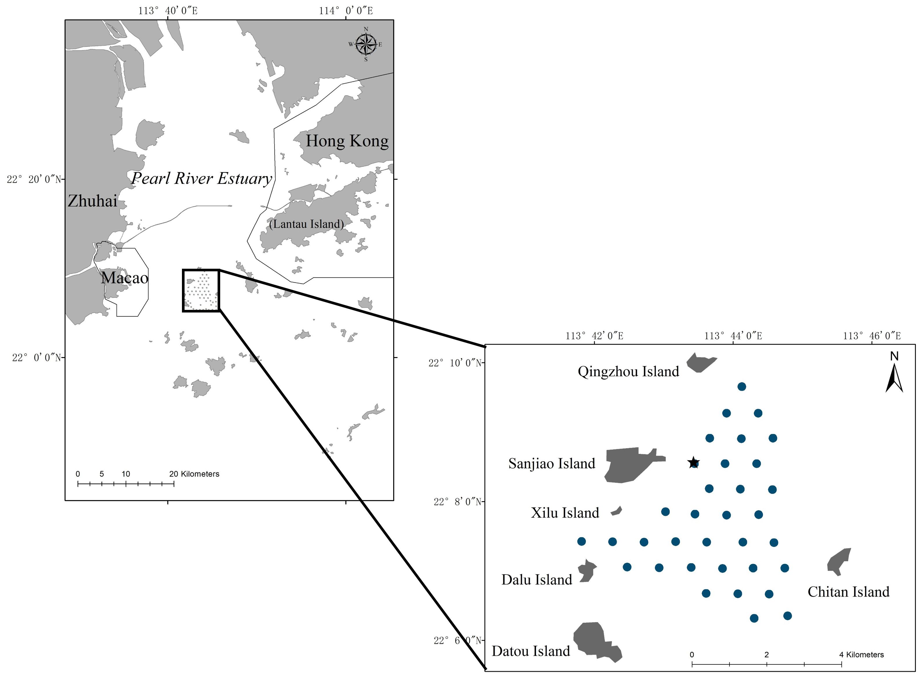 Map showing the Pearl River Estuary, including Hong Kong, Macao, Zhuhai, and Lantau Island. A zoomed-in section highlights Qingzhou Island and neighboring islands: Sanjiao, Xilu, Dalu, Datou, and Chitan. Dots on the zoomed section indicate specific points of interest. A compass and scale are provided for reference.