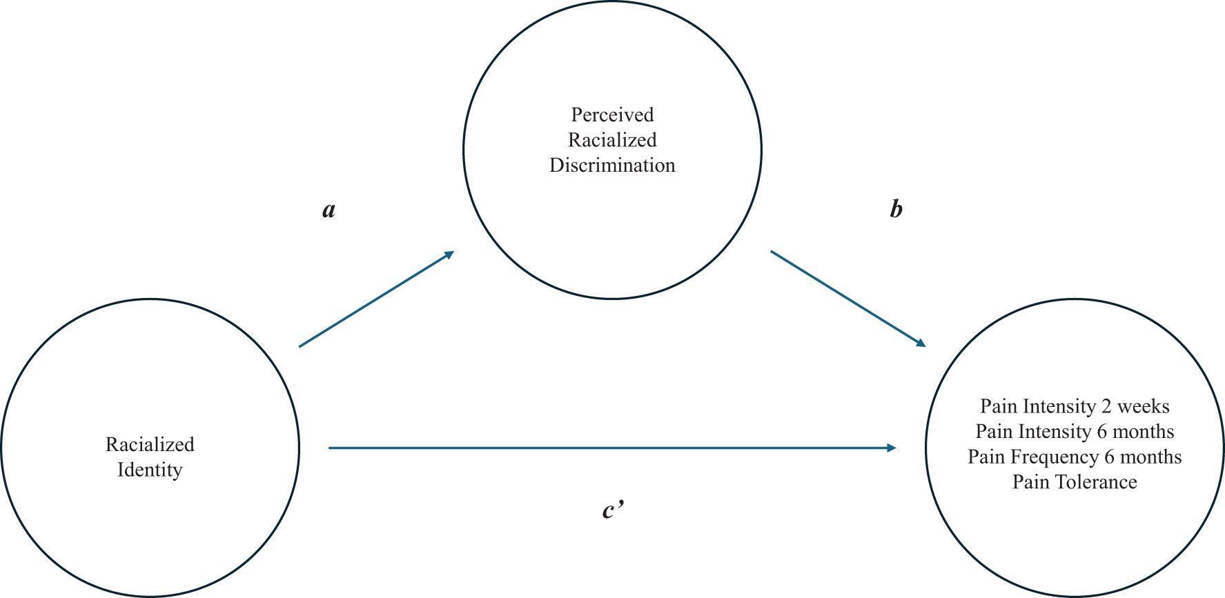 Mediation model diagram with three circles. The first circle is labeled “Racialized Identity,” the second “Perceived Racialized Discrimination,” and the third includes “Pain Intensity 2 weeks,” “Pain Intensity 6 months,” “Pain Frequency 6 months,” and “Pain Tolerance.” Arrows labeled a, b, and c' indicate relationships among these concepts.