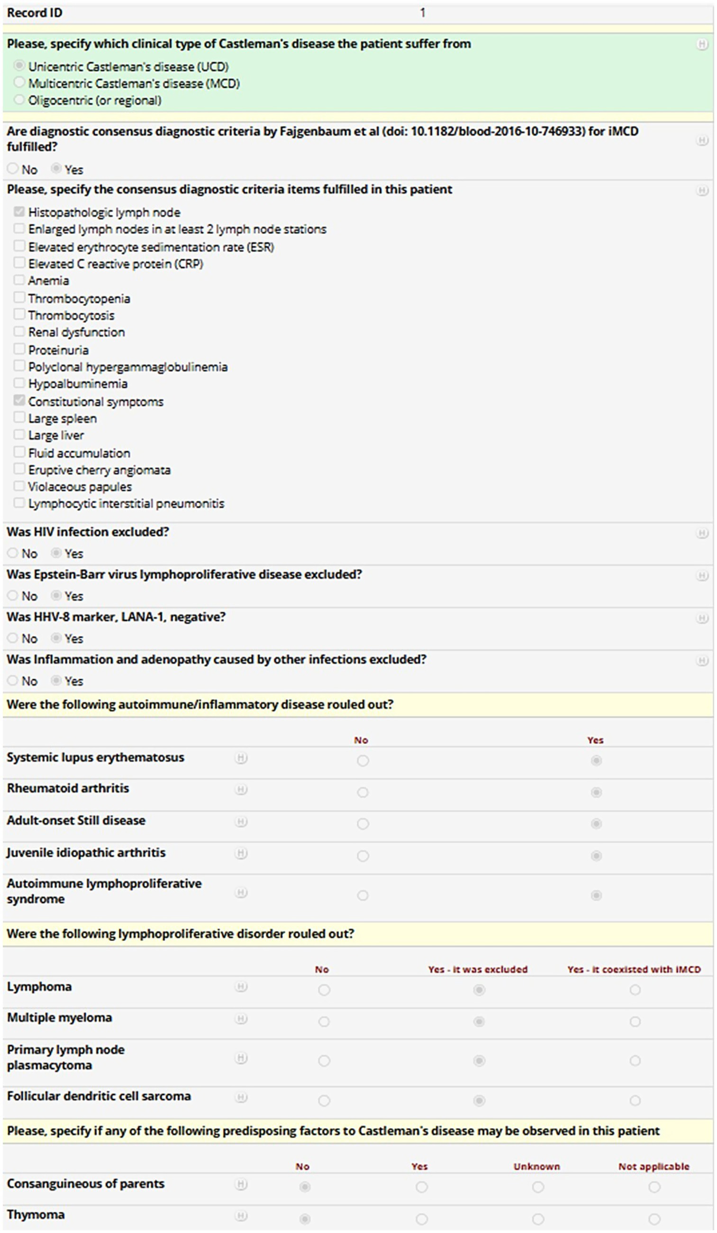 REDCap form for evaluating a patient with Castleman’s disease using several selected criteria and the exclusion of other conditions.