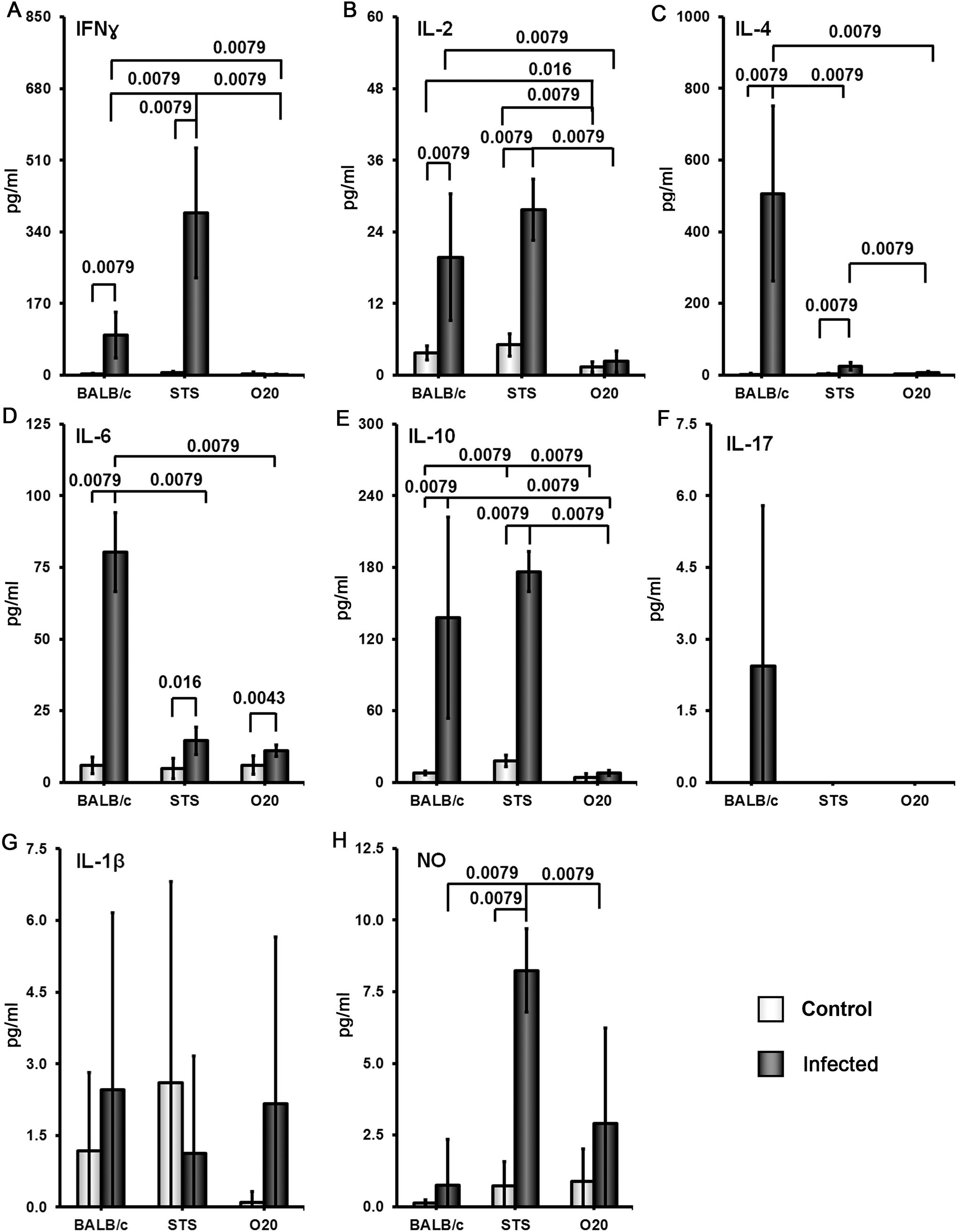 Bar charts depict cytokine and nitric oxide levels in three mouse mouse strains: BALB/c, STS, and O20. Panels A to H show IFNγ, IL-2, IL-4, IL-6, IL-10, IL-17, IL-1β, and NO levels. Infected mouse strains generally show higher levels than controls, with significant differences marked by lines and p-values.