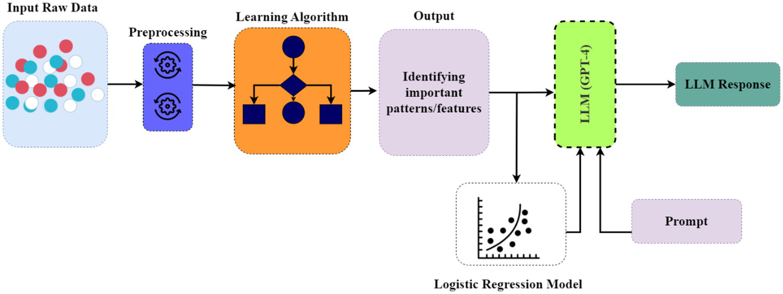 Flowchart depicting a data processing and analysis model. Raw data undergoes preprocessing, followed by a learning algorithm to identify important patterns. These patterns inform a logistic regression model and are input into a large language model (LLM GPT-4), which also receives a prompt. The LLM generates a response based on these inputs.