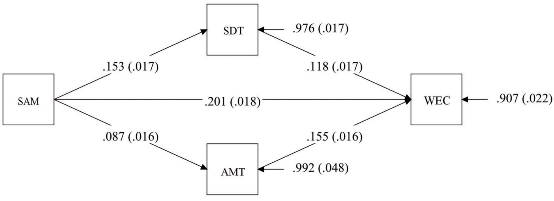 Flowchart depicting relationships between four blocks labeled SAM, SDT, AMT, and WEC. Arrows show connections: SAM to SDT with.153 (.017), SAM to AMT with.087 (.016), SAM to WEC with.201 (.018), SDT to WEC with.118 (.017), SDT to AMT with.976 (.017), AMT to WEC with.155 (.016), and an arrow from WEC back to an unspecified source with.907 (.022). Each connection is annotated with numerical values indicating relationships.
