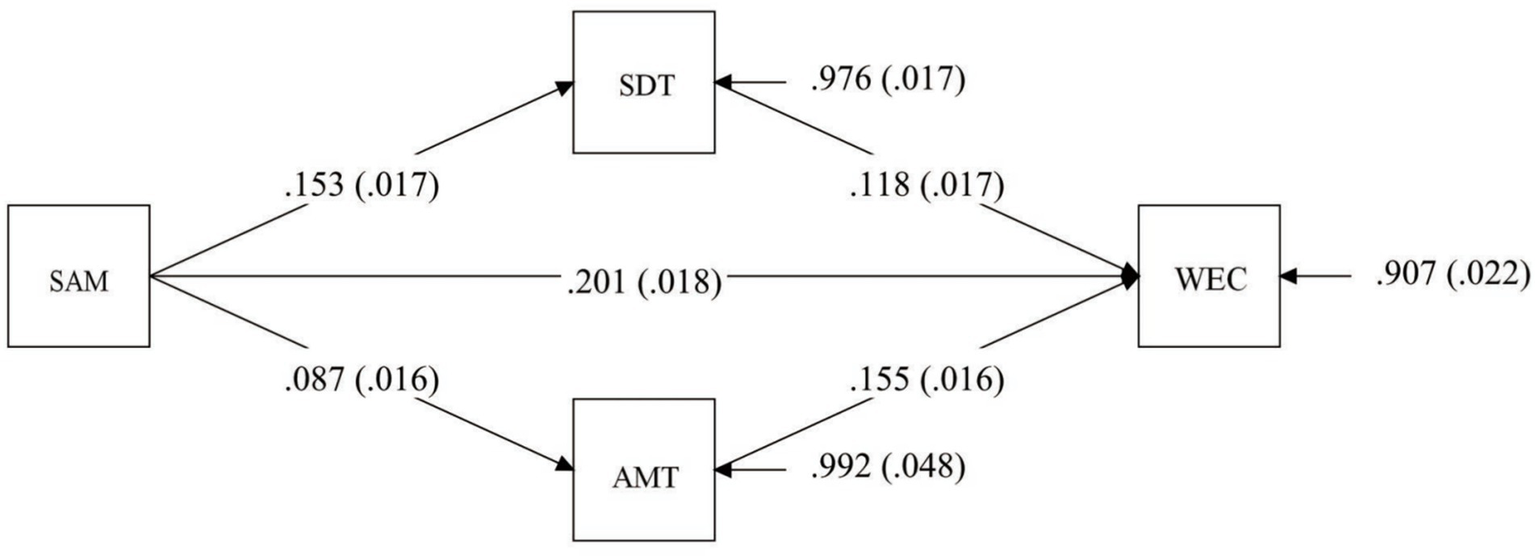 Flowchart depicting relationships between four blocks labeled SAM, SDT, AMT, and WEC. Arrows show connections: SAM to SDT with .153 (.017), SAM to AMT with .087 (.016), SAM to WEC with .201 (.018), SDT to WEC with .118 (.017), SDT to AMT with .976 (.017), AMT to WEC with .155 (.016), and an arrow from WEC back to an unspecified source with .907 (.022). Each connection is annotated with numerical values indicating relationships.