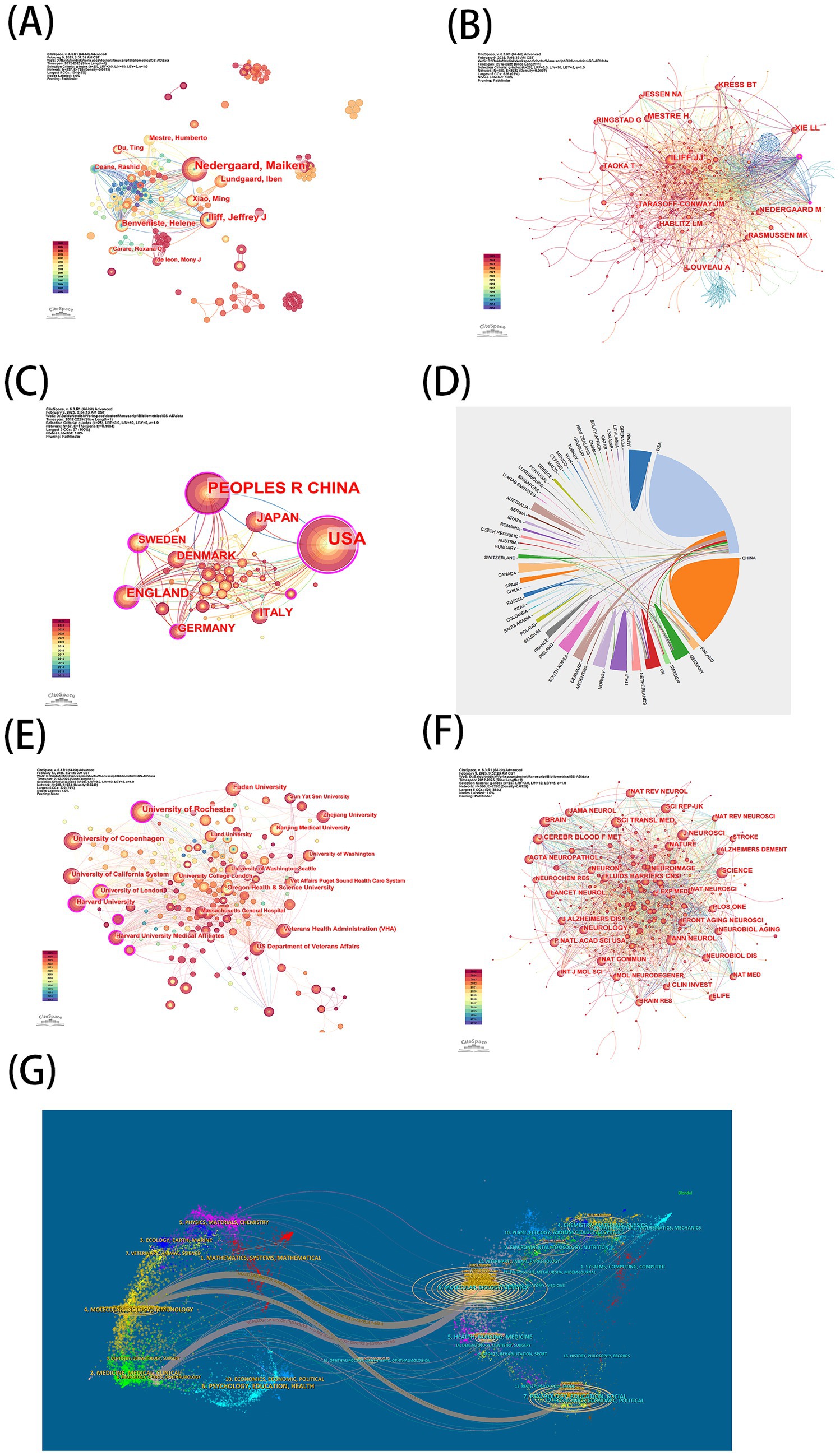 Image A shows a network diagram of research collaborations, highlighting names like Nedergaard and Benveniste. Image B depicts a complex web of interconnected researchers, with nodes and lines varying in thickness. Image C presents a network of countries, emphasizing collaboration among China, the USA, and Japan. Image D is a circular chart illustrating international collaborations with colorful arcs linking countries. Image E features a network of academic institutions like the University of Rochester and Harvard University. Image F displays research connections, highlighting terms like
