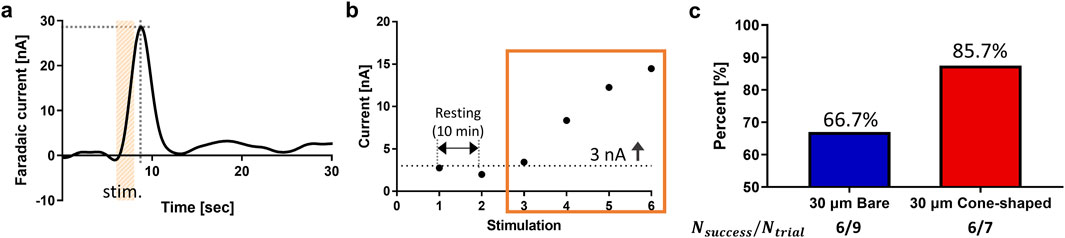 A figure showing targeting criteria and success rates for identifying dopamine hot spots using CFMEs. Panel (a) illustrates the first criterion: a rise in current at stimulation onset followed by a decline at offset, indicating a dopamine oxidation peak. Panel (b) shows the second criterion, requiring a minimum of 3 nA current maintained over at least three consecutive stimulations. Panel (c) is a bar graph comparing success rates, showing 66.7% for 30 μm bare and 85.7% for 30 micrometer cone-shaped, with trial numbers indicated.